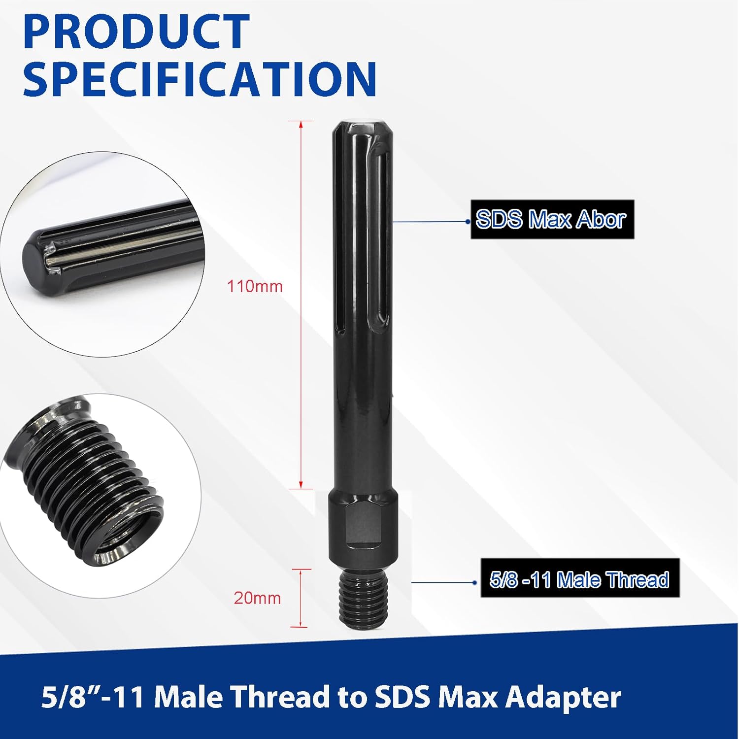 5/8"-11 Male Thread to SDS Max Shank Core Drill Bit Adapter, Premium Converter for Concrete Core Bit, Convenient Coring Drill SDS Max to 5/8-11 (M) Adapter