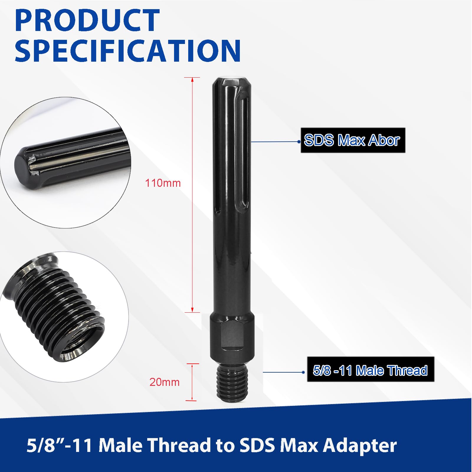 5/8"-11 Male Thread to SDS Max Shank Core Drill Bit Adapter, Premium Converter for Concrete Core Bit, Convenient Coring Drill SDS Max to 5/8-11 (M) Adapter — Amazon image 2
