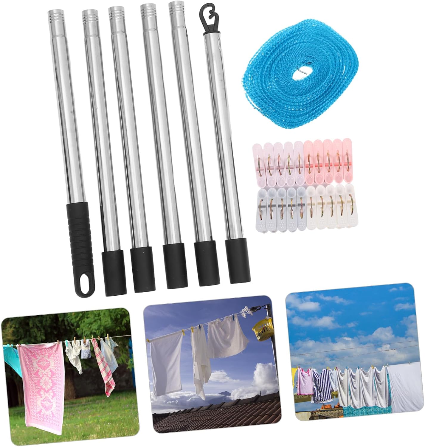 CHILDWEET Outdoor Travel Clothesline Set with 2.2m Detachable Washing Line Pole, Heavy Duty Clothesline with Clips and Hooks for Garden and Home Laundry Drying