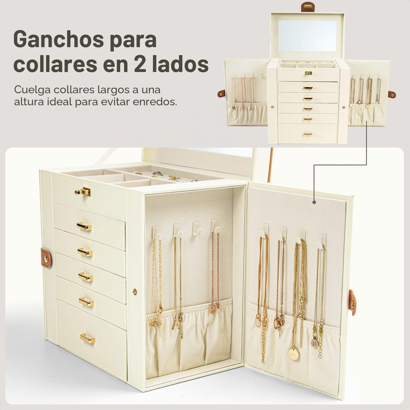KAMIER Joyero para mujer, organizador de joyas grande de 6 niveles con espejo y 5 cajones para anillos, aretes, collares, pulseras, Regalo para mujer Caja de joyería, blanco, Regalo Caja de joyería