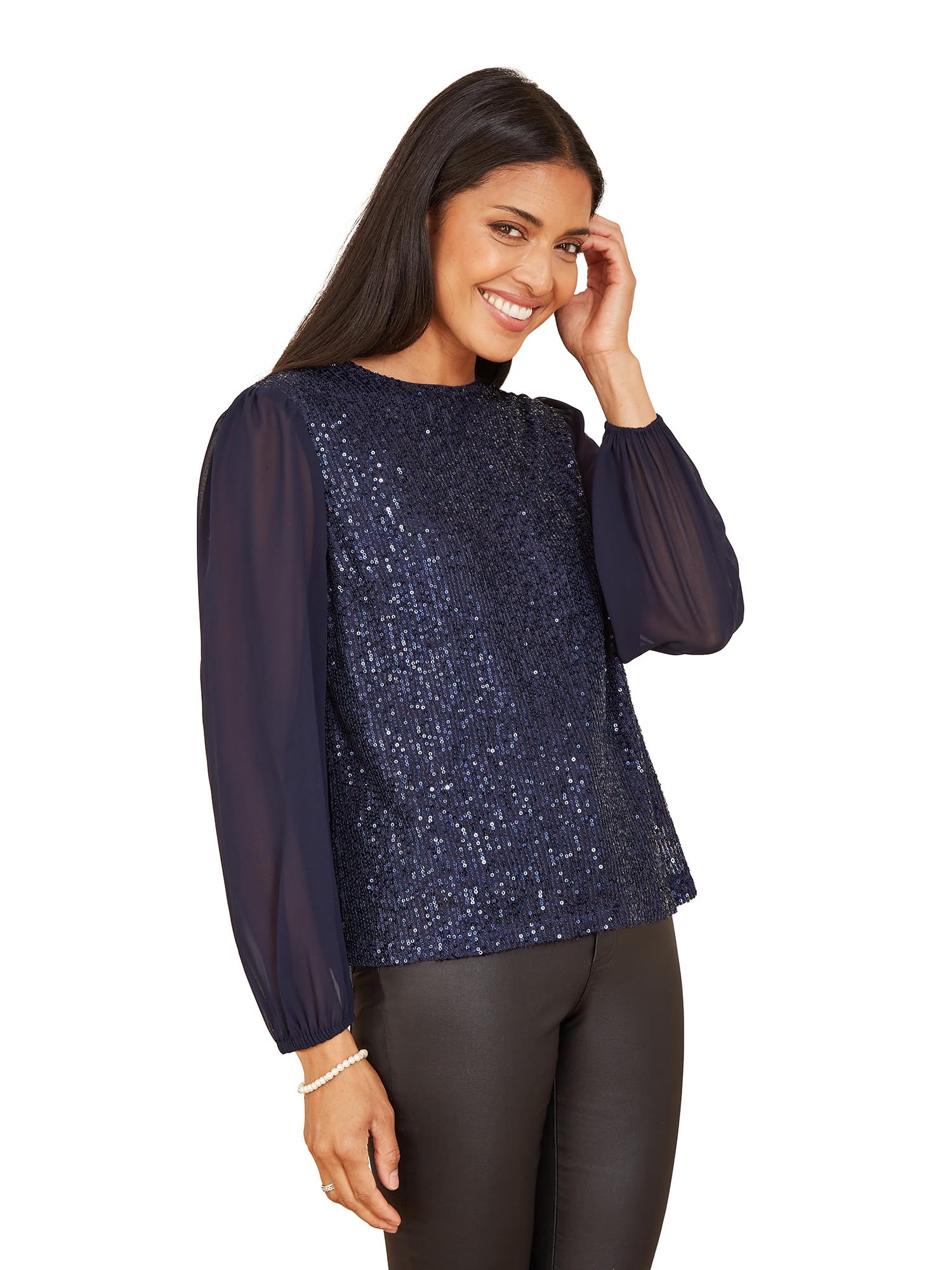 Yumi Women's Navy Sequin Top W/ Sheer Sleeves | Size: 12