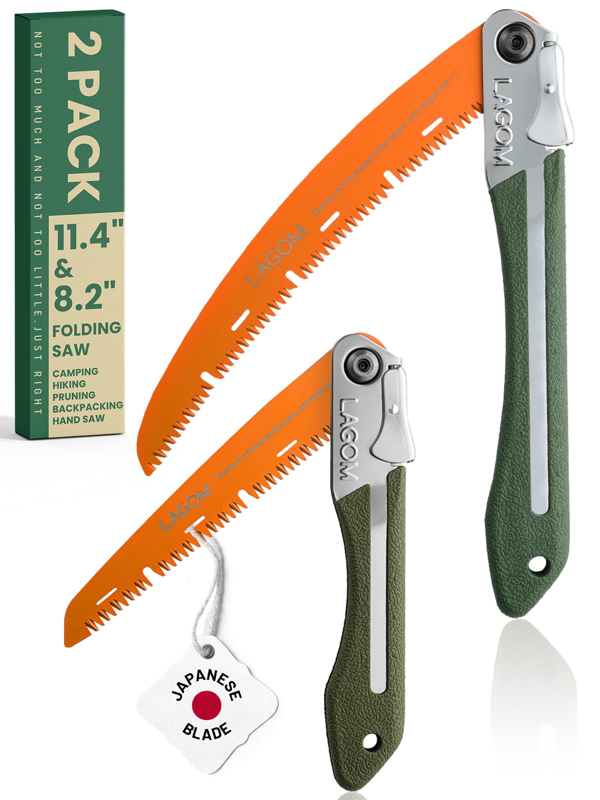 LAGOM Lot de 2 scies de camping pliantes pour couper des branches (29 cm et 20,8 cm) | Lames en acier SK5, poignée ergonomique, verrouillage sécurisé | Outil pliable pour camping, jardinage, survie