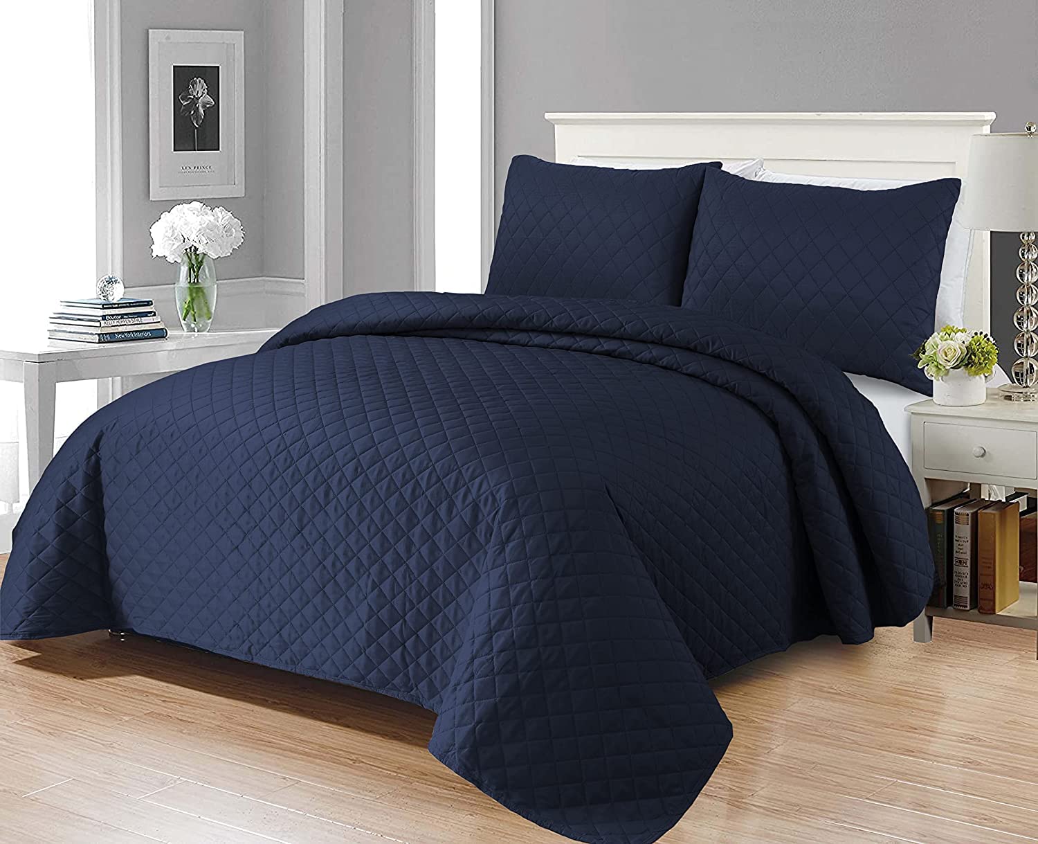oceanevo® Diamond Pattern Quilted Bedspreads Embossed Bed Throw 3 Piece Comforter Coverlet Set Reversible Ultrasonic Microfibre Bedspread (Double 220 X 250cm, Blue)