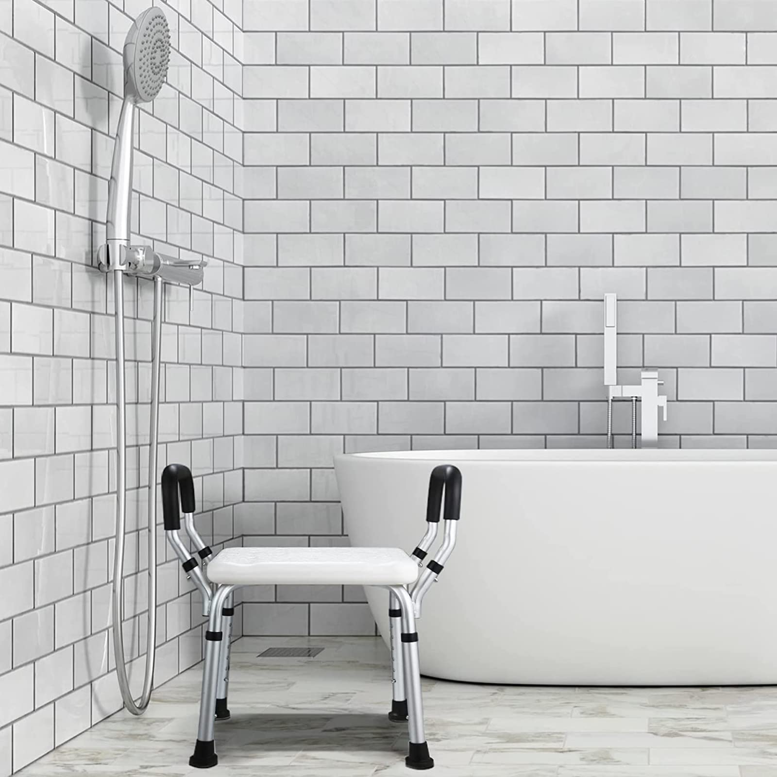 Silla De Ducha, Asiento De Ducha Regulable En 6 Posiciones En Altura, Taburete De Ducha Antideslizante con Brazos Y Agujeros De Desagüe, para Ancianos O Discapacitados, Carga 136 Kg