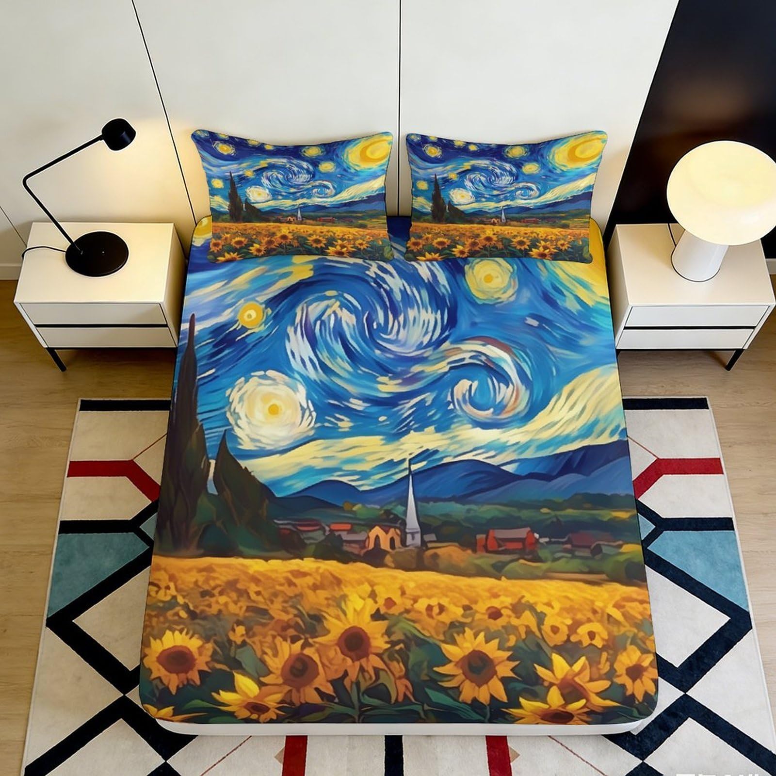 3D Printed Starry Night Fitted Sheet Microfiber Soft Breathable Sunflower Field Mattress Cover for Bedroom Dormitory Guest Room Protection Decoration 140x200x25cm