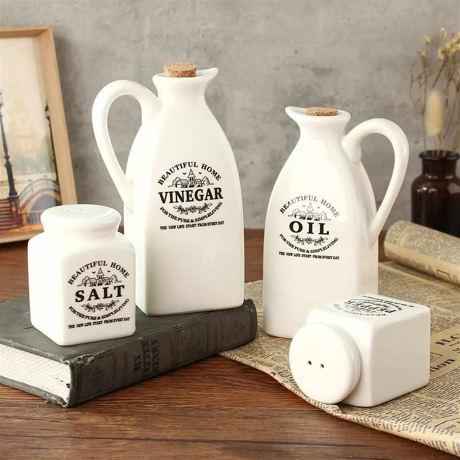 Vaso per spezie in ceramica da 4 pezzi con dispenser per bottiglie di sughero, olio e aceto in legno Pentola per condimento Pepe Aceto Olio Bottiglia di sale Strumento per cucinare Spezie