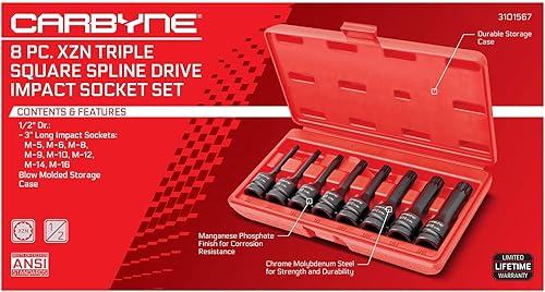 Miniatura 3 de CARBYNE XZN - Juego de llaves de vaso de impacto de triple cuadrado, 8 piezas, 12 puntos, acero al cromo molibdeno (Cr-Mo) | Métrico M5 a M16 |