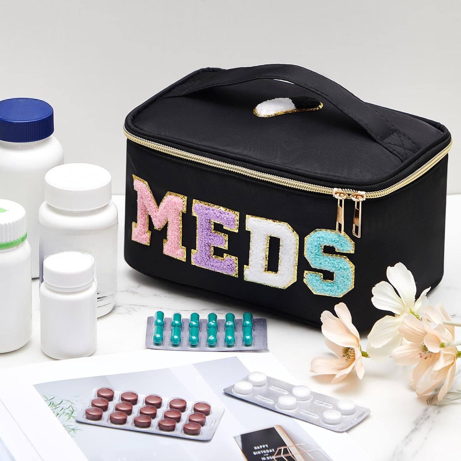 Geetery Clear Makeup Bag Chenille Letter Meds Bag Travel Cases Preppy Patch with Zipper, Portable Cosmetic Toiletry Storage case for Women(Meds,Black) - Image 2