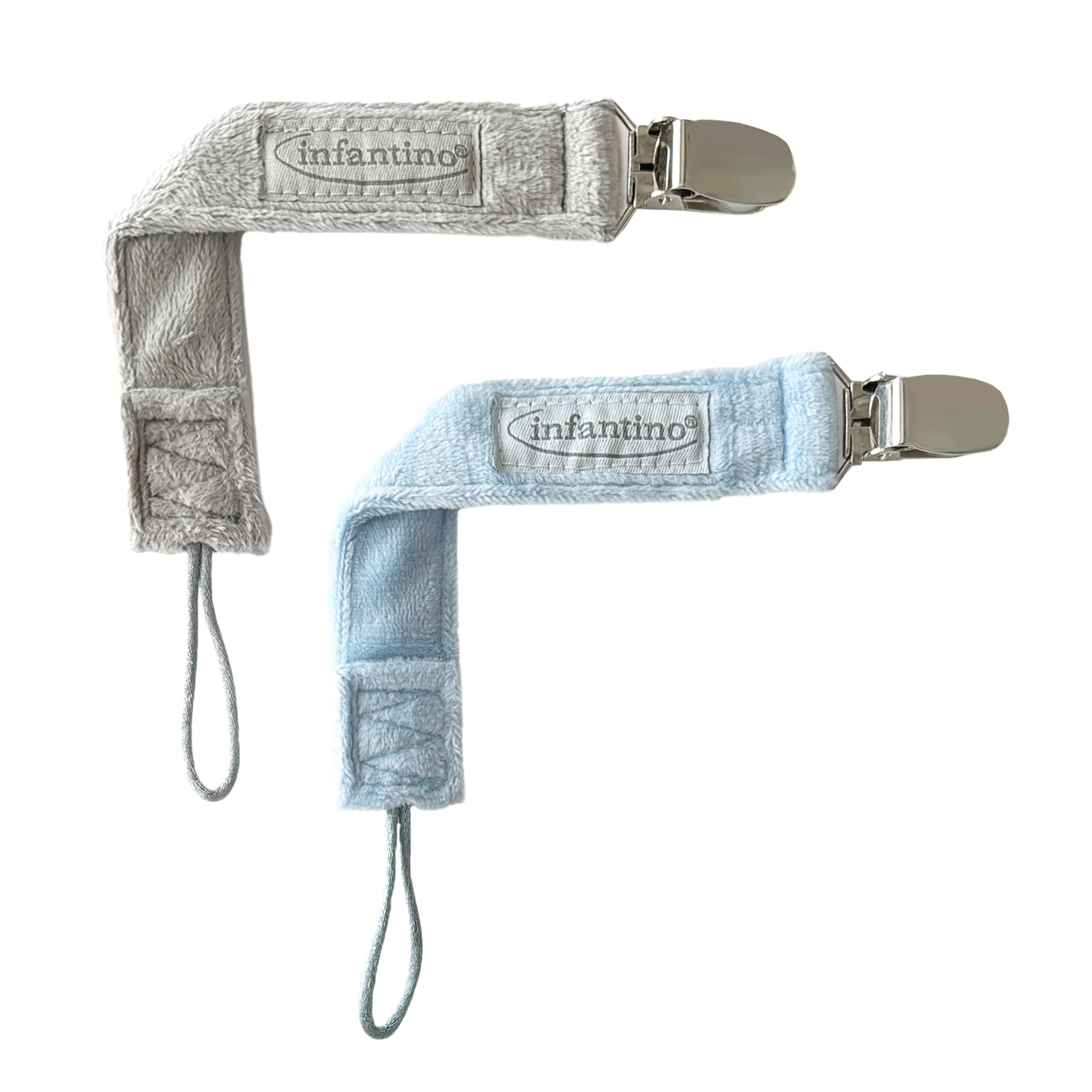 Infantino PaciGrip Luxe 2-Pack – Soft Luxurious Pacifier Clips, Universal Fit, Gentle on Clothes, Keeps Pacifiers Clean & Close, Ages 0-36 Months, Blue & Gray