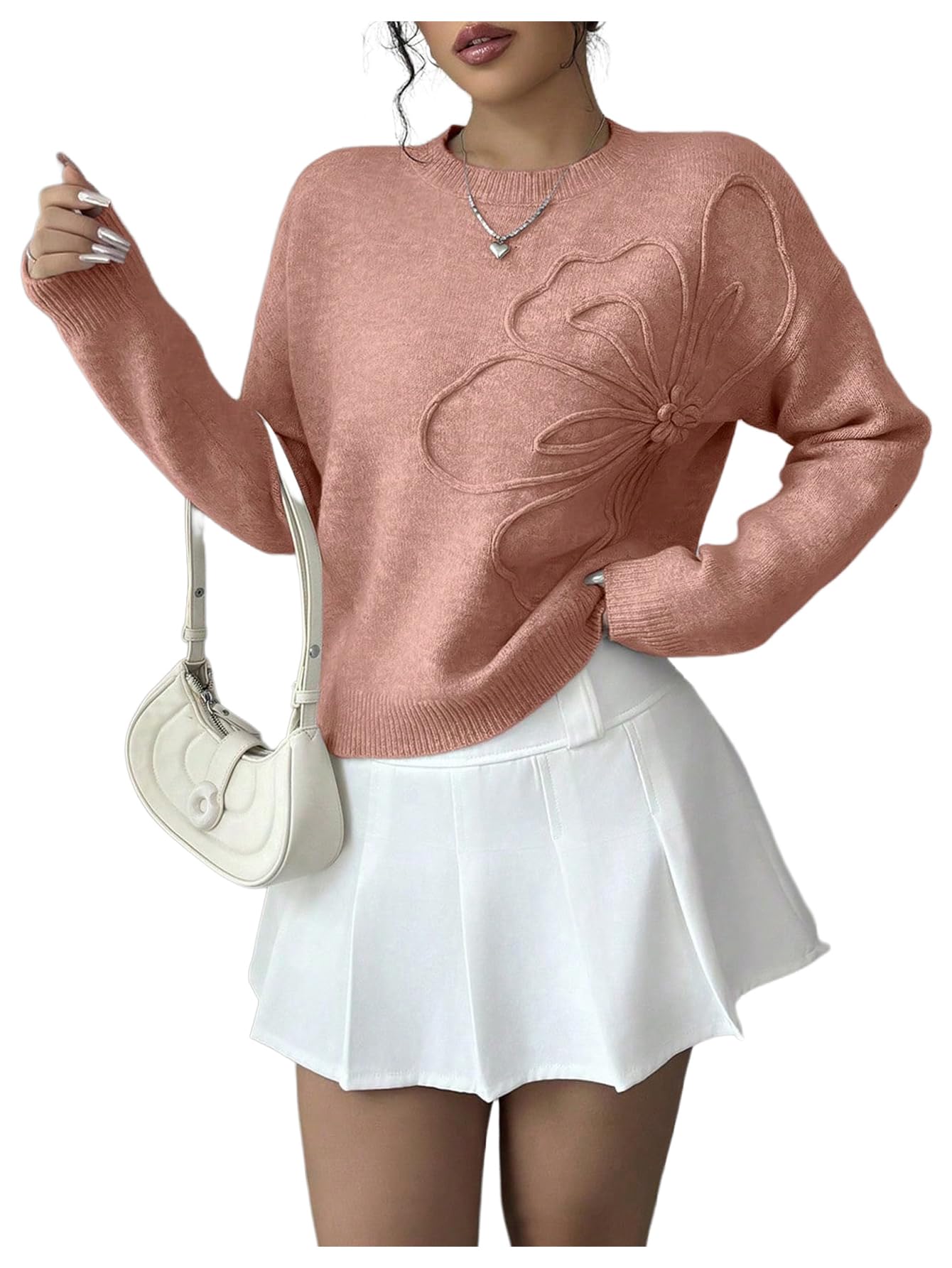 RoseSeek Women's 3D Floral Appliques Sweaters Long Sleeve Knit Tops