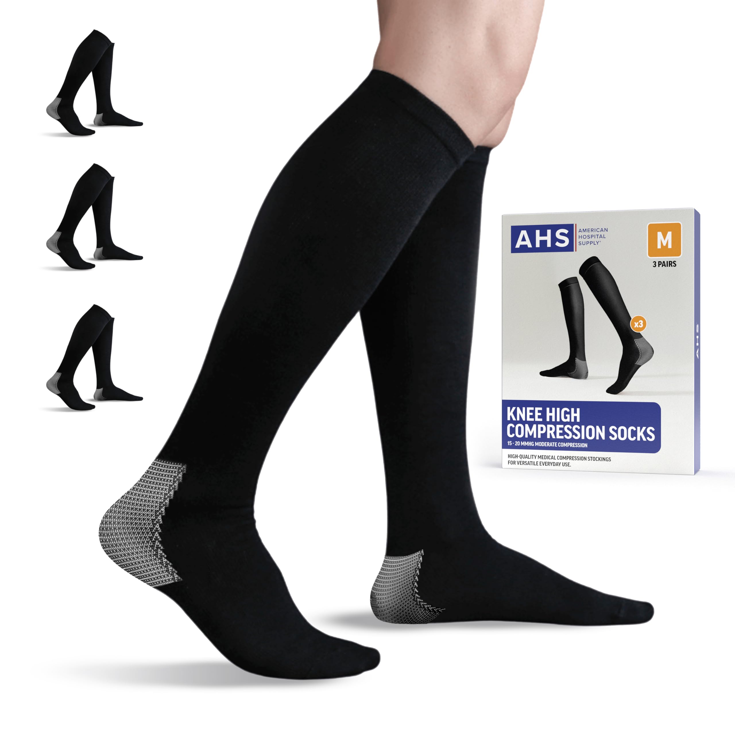 AMERICAN HOSPITAL SUPPLY Knee High Compression Socks | 15-20 mmHg Black Medium| Pack of 3 Pairs