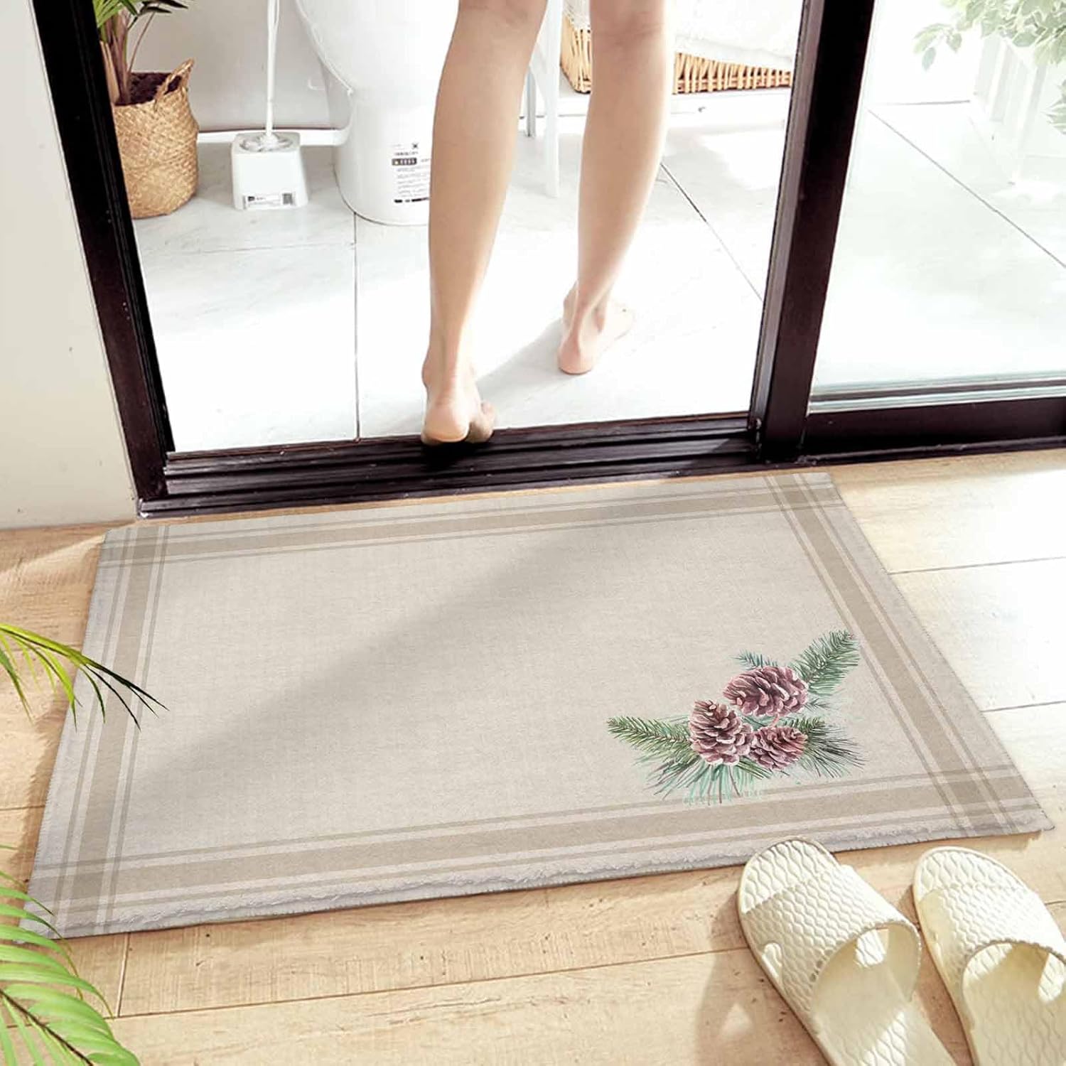 Bathroom Rug, Christmas Winter Pine Cones Branch Khaki Stripe Vintage Farmhouse Decoration Bath Mat Non-Slip Water Absorbent Soft Plush Shaggy Bath Rugs for Shower, Bedroom, Bathtubs 20" x 31.5"