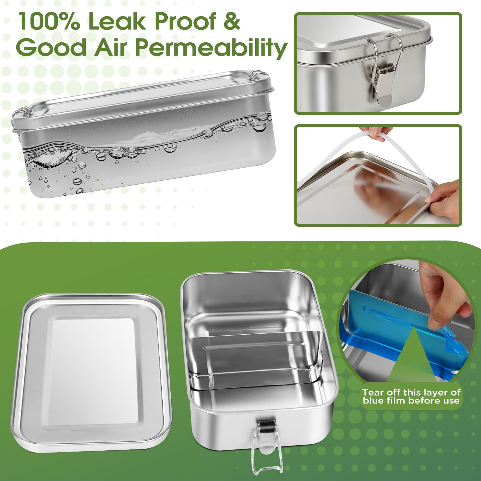 Juego de 3 cajas bento de acero inoxidable 304, con fiambrera de acero inoxidable en los volúmenes de 2400 ml, 1400 ml y 850 ml, fiambrera de acero inoxidable para sopa, ensalada y comidas