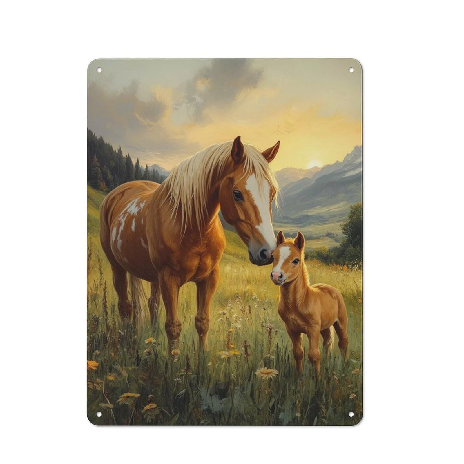 Junmoney Style-20 Vintage Tin Sign With Horse And Foal In Meadow Design 40X30cm, Vintage Cafe Wall Decor For Coffee Bar, Kitchen, Bistro Or Tea Corner