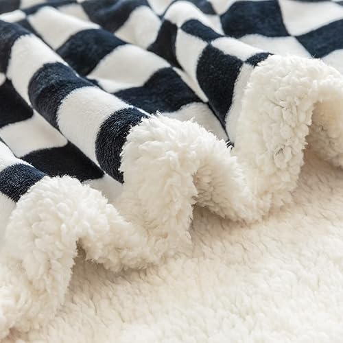 Miniatura 3 de LOMAO Manta Sherpa de vellón con patrón a cuadros, suave y gruesa para sofá y cama, lujosa, cálida y acogedora para todas las estaciones (negro, 60