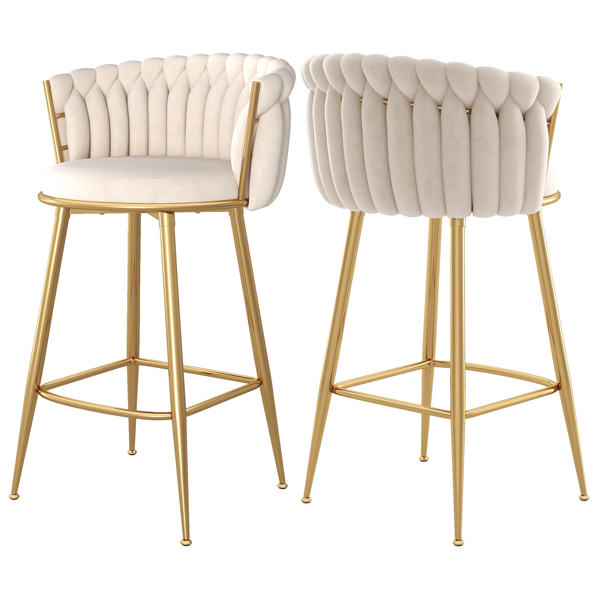 GOOLON Counter Height Stools Set of 2, Velvet Bar Stools with 27 Inches Upholstered Seat Height, Handmade Woven Back Armrest, Sturdy Golden Metal Legs
