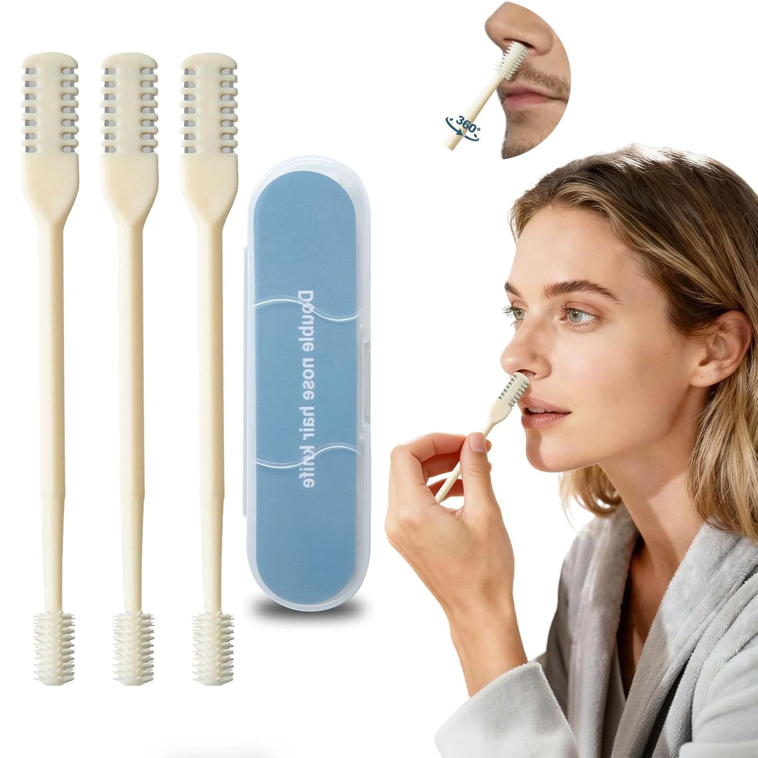 Nasal Hair Trimmer 3 Pack Beige 360 Rotating Double-Sided Manual Nose Hair Cutter Portable Stainless Steel Safe Trimmer