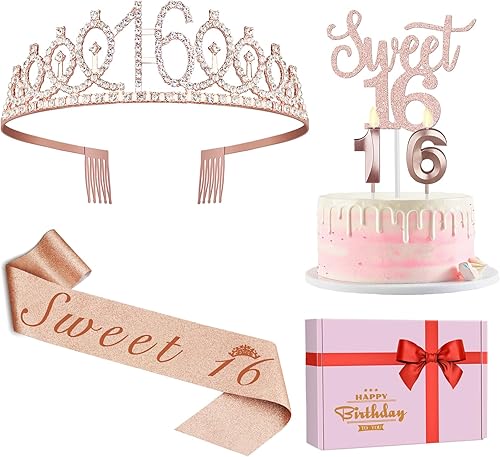 Miniatura 1 de Decoraciones de cumpleaños de los Dulces16 para niñas, que incluyen adorno para pastel con el texto en inglés Sweet16, coronatiara, banda y velas