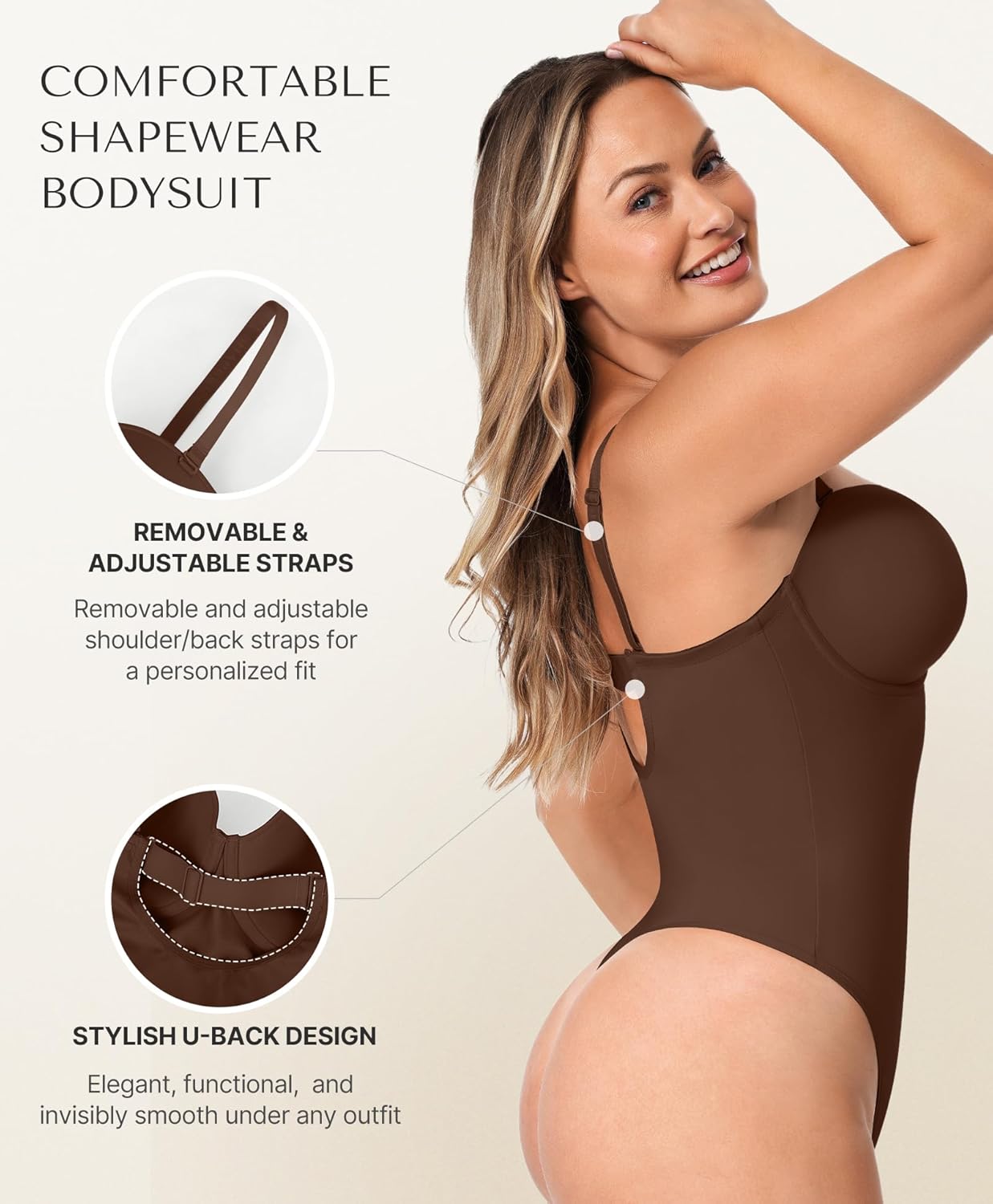 SHAPELLX Shapewear Bodysuit for Women Tummy Control Body Shaper Thong Strapless Body Suit with Removable Straps Brown S - Image 4