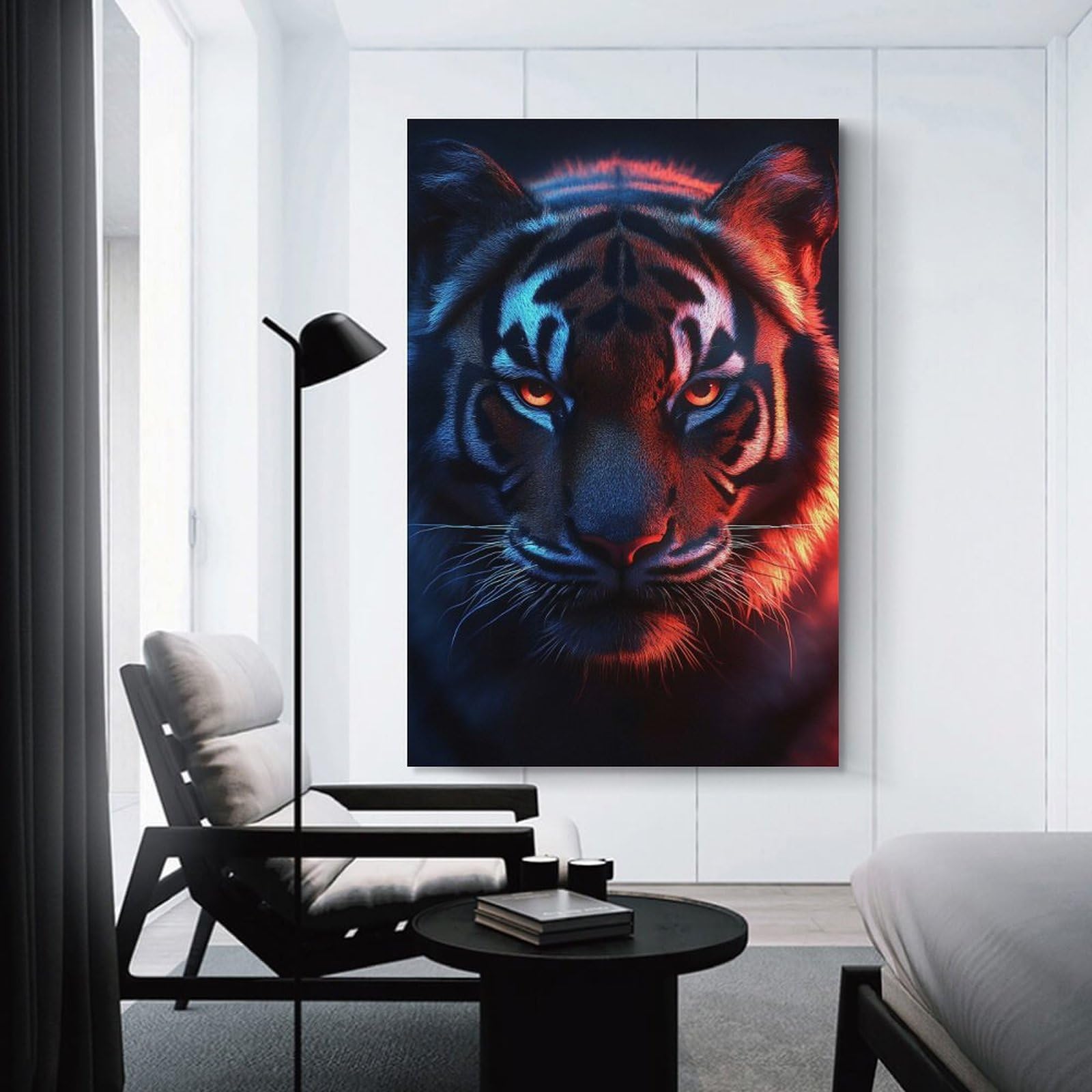 Junmoney Tiger Portrait with Neon Lighting Decorative Canvas Print, 12x18inch(30x45cm), for Hallway, Bedroom Or Modern Interiors, Gift Idea for Housewarming And Birthdays