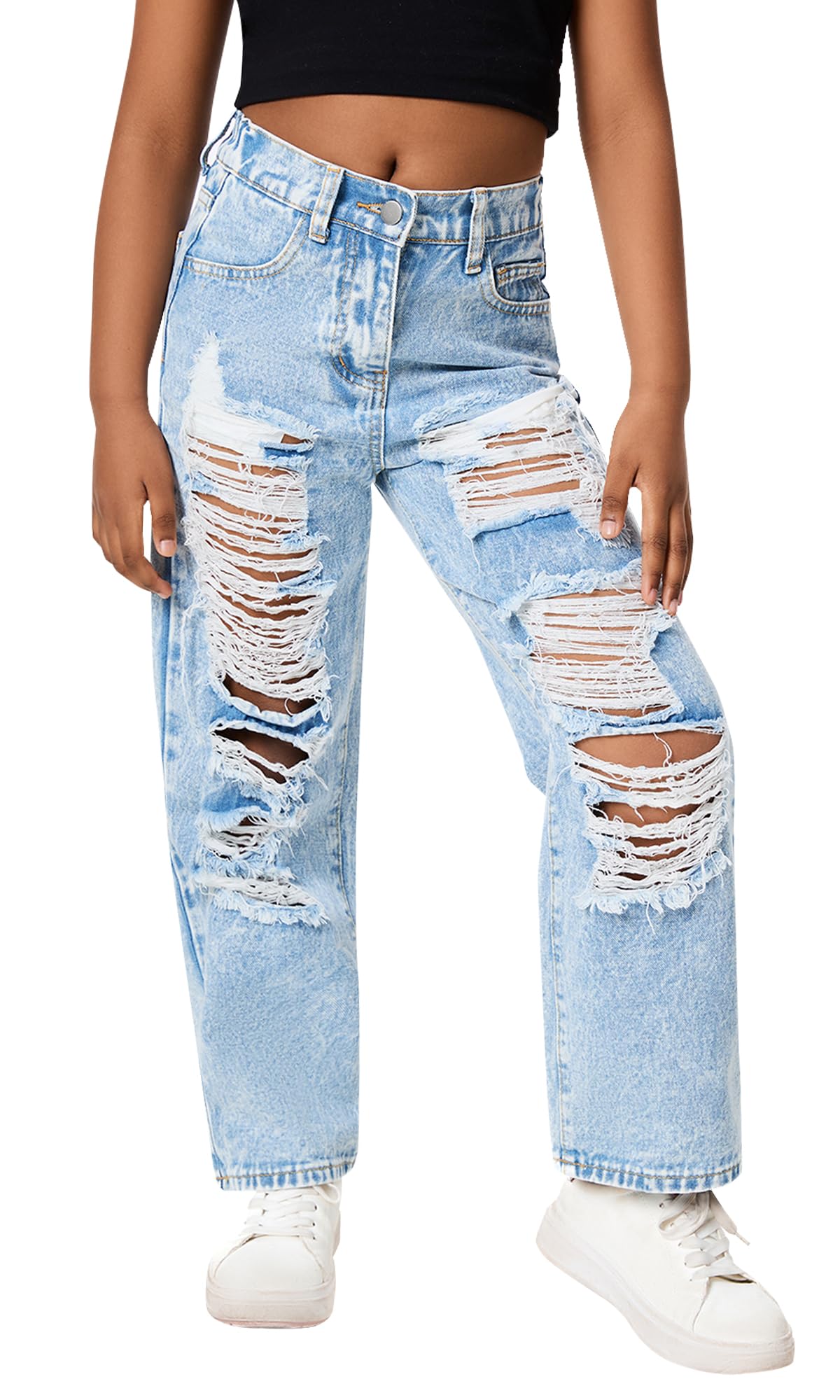 Maeau Jeans casual a gamba larga da ragazza con elastico in vita pantaloni in denim strappati larghi per bambini pantaloni in denim invecchiato vestibilità ampia
