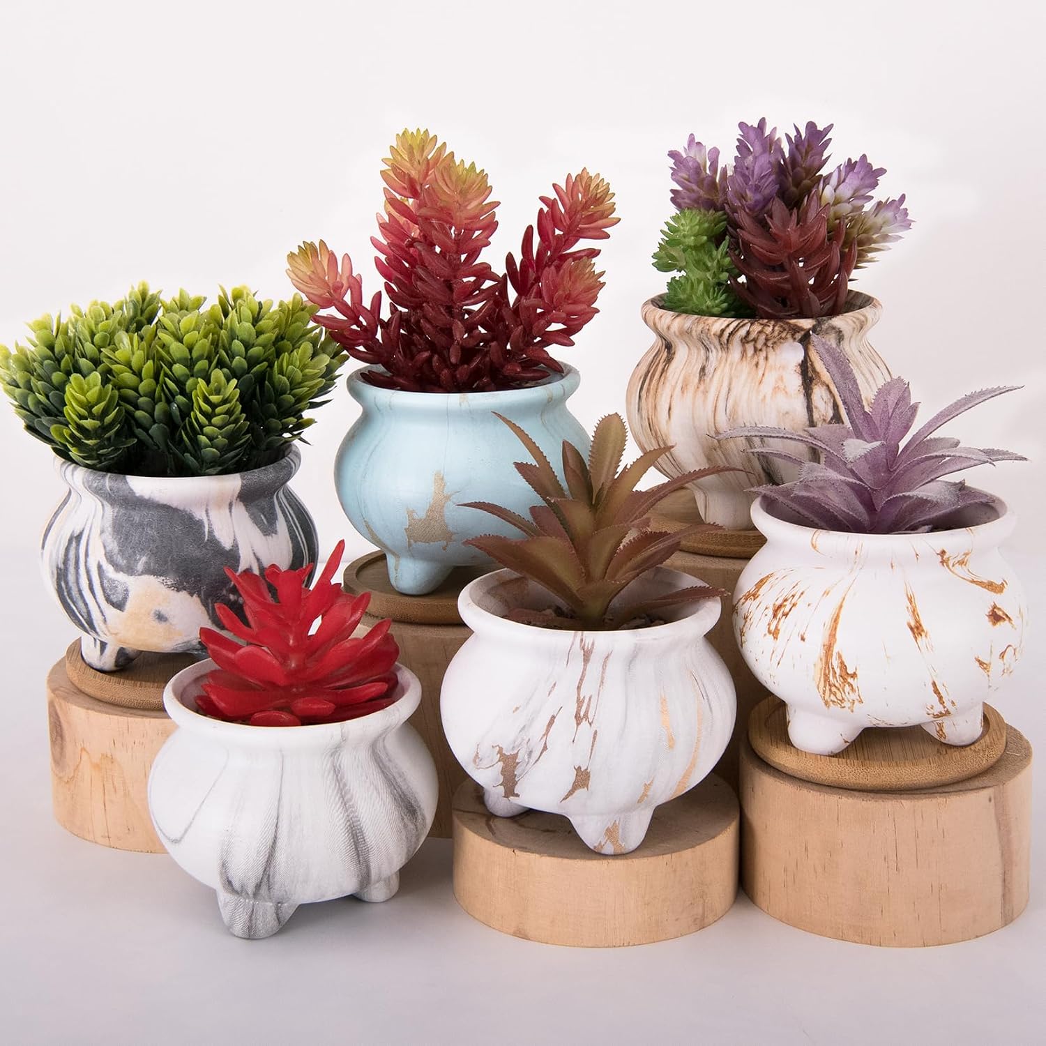 ARTKETTY Succulent Pots - 3.8 Inch Marble Plant Pot with Drainage Trays Set of 6, Small Ceramic Pots for Indoor Cactus Flower Plants Decorative Garden Home Office