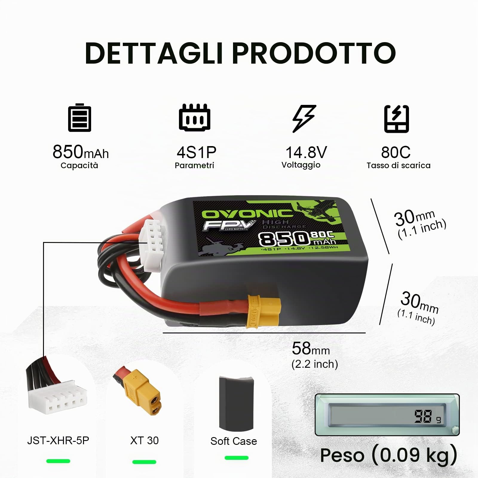 OVONIC Batteria Lipo 4s 80C 850mAh 14.8V con XT30 per RC Aereo Quadcopter Elicottero FPV Racing Drone (4 pezzi)