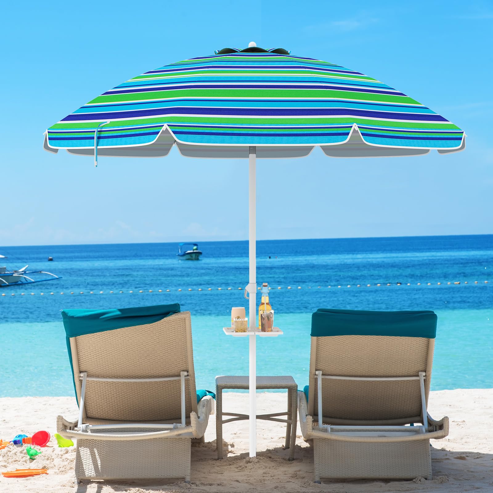 RELAX4LIFE Ombrellone da Spiaggia diametro 220 cm con Vassoio, Ombrellone da Mare Inclinabile a 8 Stecche con Air Vent, Protezione solare e impermeabile, Borsa di Trasporto Inclusi (Modello 4)