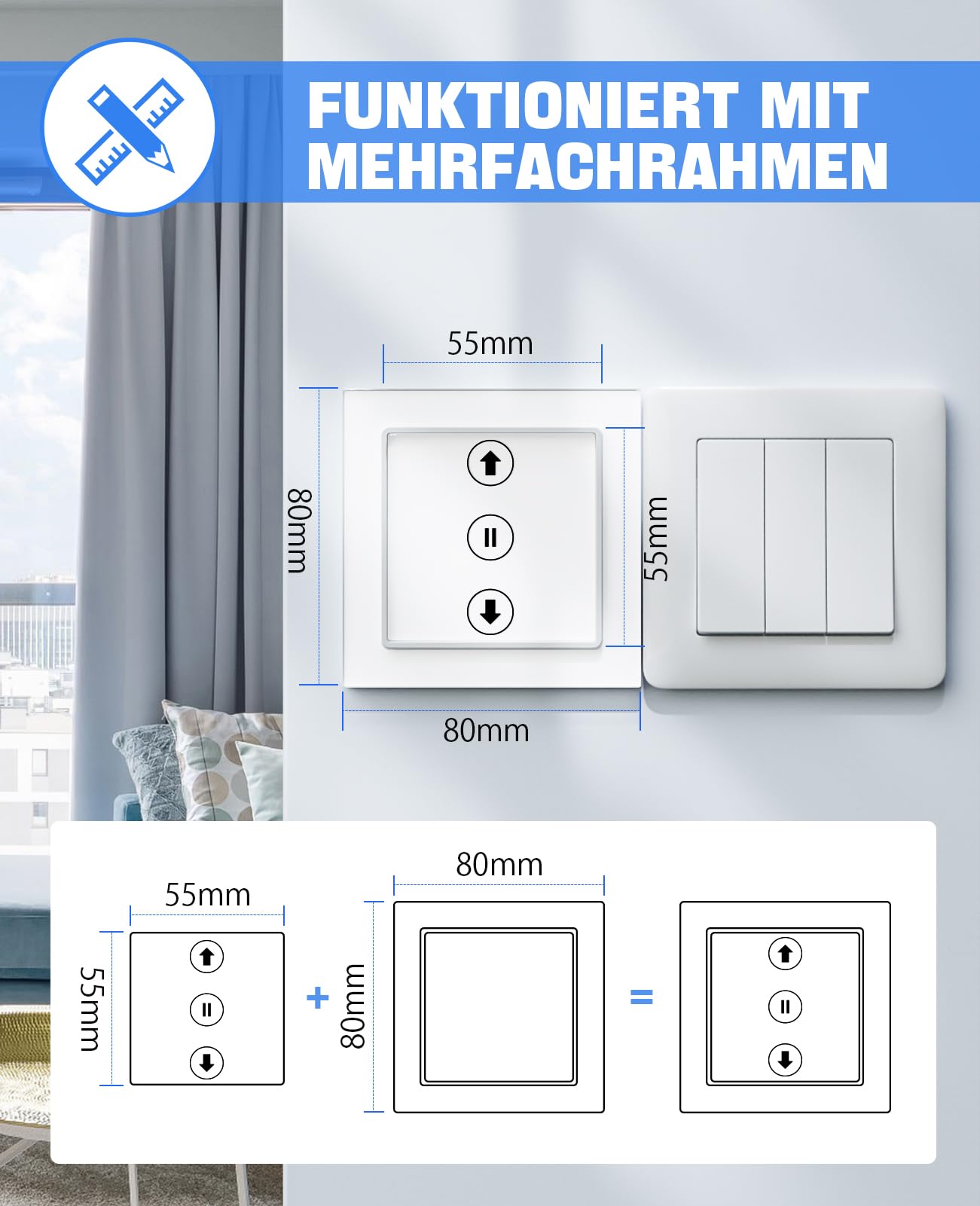 Smart Rolladenschalter, Wlan Jalousie Schalter mit schaltbaren LEDs, Kompatibel mit Amazon Alexa/Google Assistant, Neutralleiter erforderlich 80x80 mm