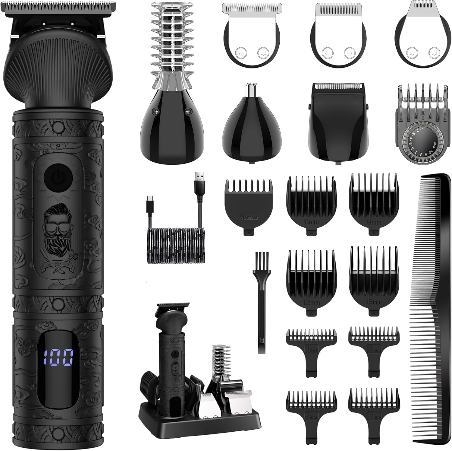 Scttomon Beard Trimmer for Men Professional Mens Beard Grooming Kit T-Blade Trimmer Electric Shaver Razor Nose Body Trimmer Hair Cutting Kit Cordless 7 in 1 Black