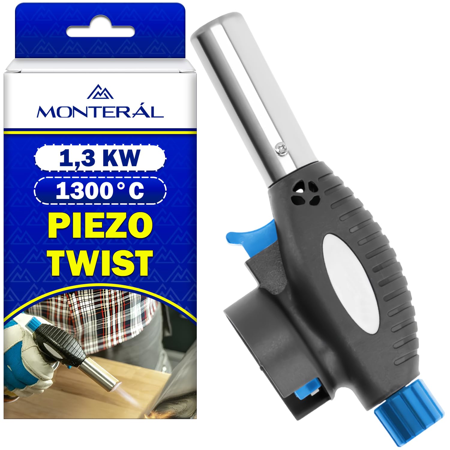 Butane Gas Torch 1.3 kW 1300 °C with Piezo Ignition and TWIST Connection – Gas Torch Suitable for Plumber Kitchen Welding Copper Thermotractile – MONTERAL