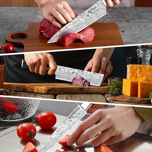Miniatura 8 de MOSFiATA Juego de Cuchillos de Chef Profesional con Acero Inoxidable Alemán de Alto Carbono Juego de Cuchillos de Cocina de 3 Piezas con Protector