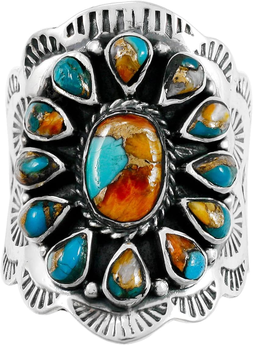 Sterling Silver Genuine Gemstones & Turquoise Ring (SELECT color)