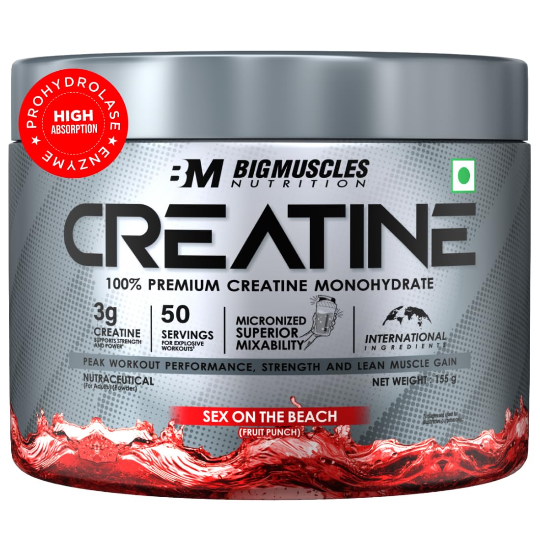 Bigmuscles Nutrition Creatine [155g, 50 Servings]|Sex On The Beach | Micronized Creatine Monohydrate To Support Lean Muscle Repair & Recovery|Increase Strength&Athletic Performance,Powder, 1 count