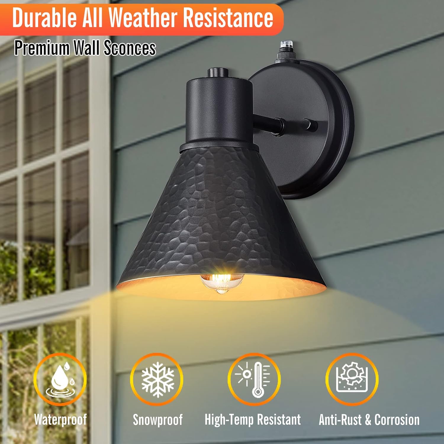 2 Pack Dusk to Dawn Outdoor Wall Sconces, Exterior Farmhouse Barn Light, Vintage Black Outside Wall Lighting Fixture with Hammered Shade, Anti-Rust Waterproof Outdoor Light for House Porch Garage
