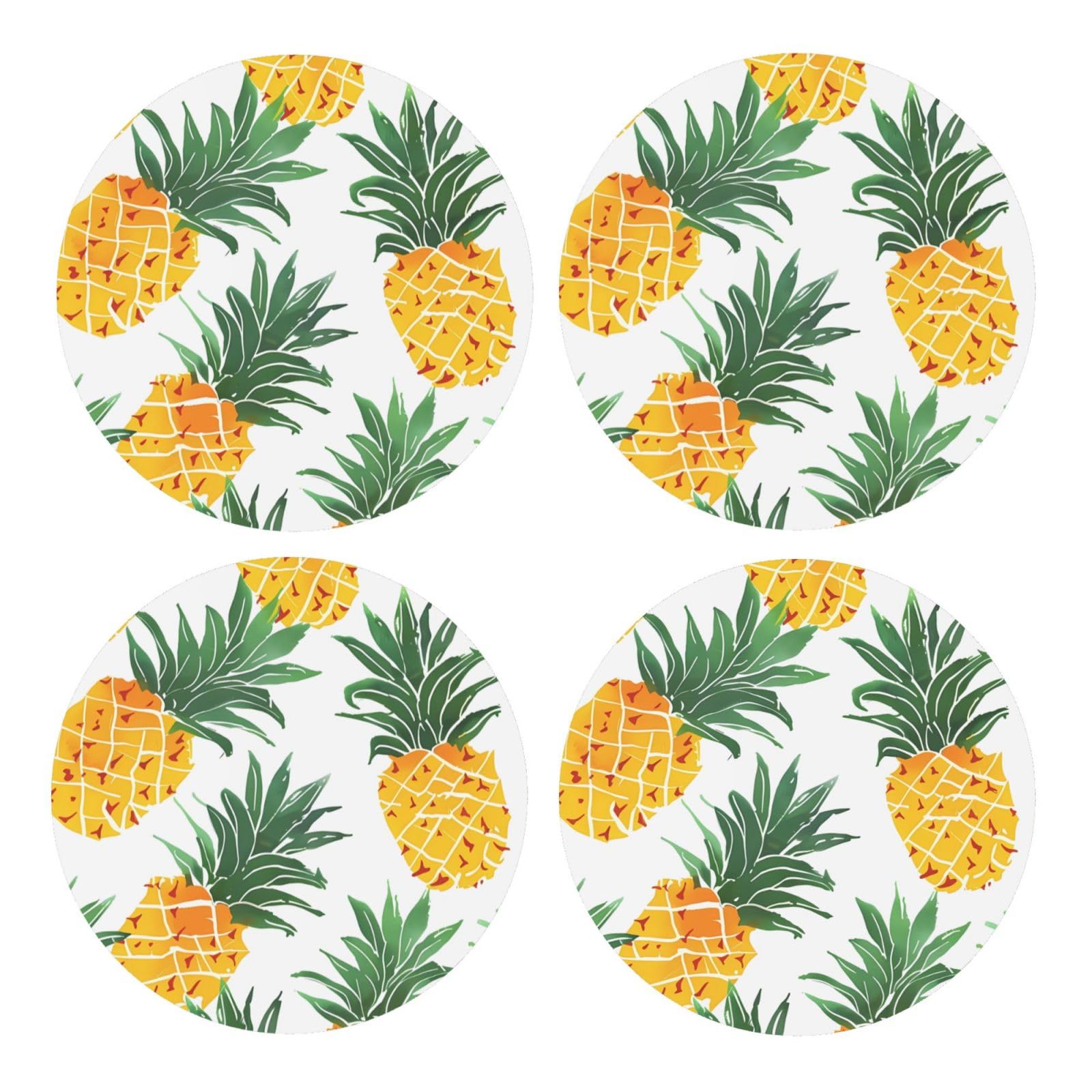 Bedbliss Pineapple Printed rounded Coasters for Drinks Absorbent, 4 Pack Tea Coffee Wooden Coaster Set, Lightweight and Heat-Resistant Coasters with Cork Base for Protection Home