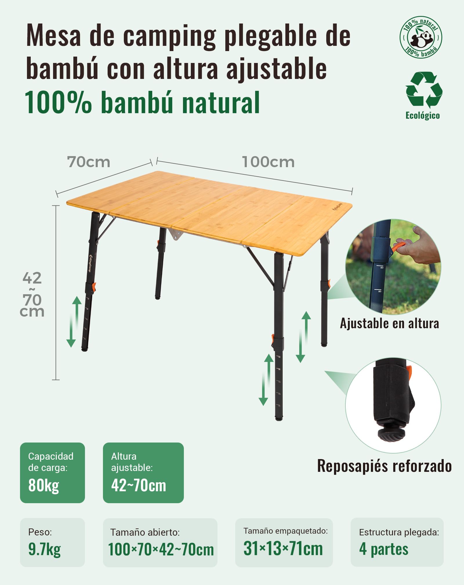 KingCamp Mesa de Camping de bambú, 100 x 70 cm, Mesa Plegable de Mesa de Comedor, Altura Ajustable, Marco de Aluminio para Camping al Aire Libre