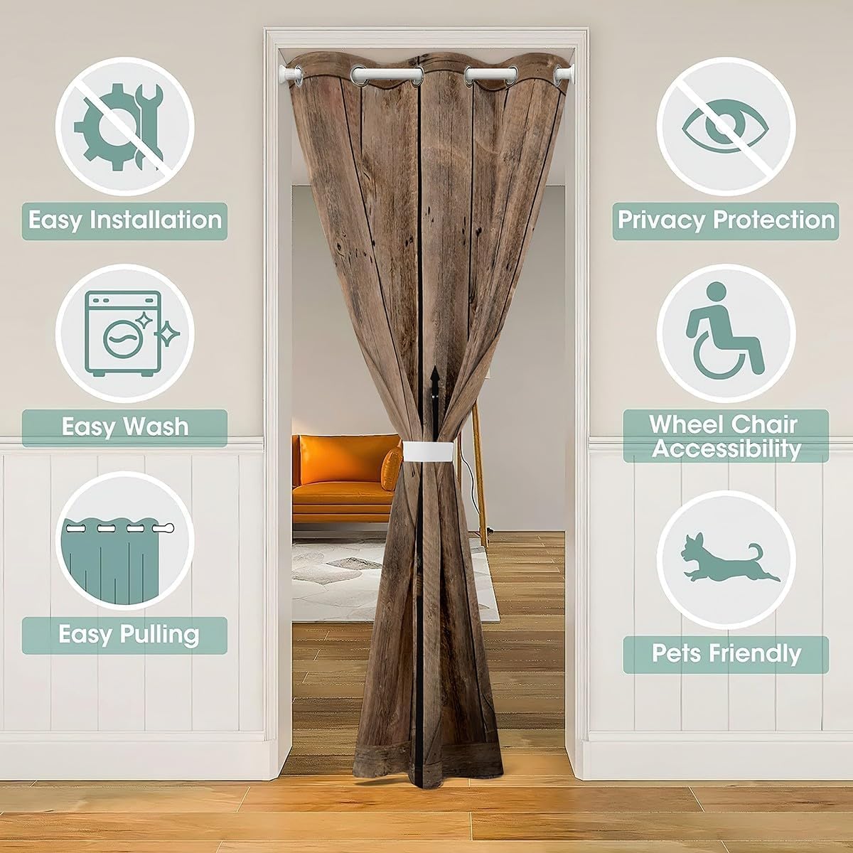 Loussiesd Retro Wooden Door Curtain, Country Pattern Door Curtain, 106X203Cm, Used for Door Privacy Rural Farmhouse Cabinets - Image 3
