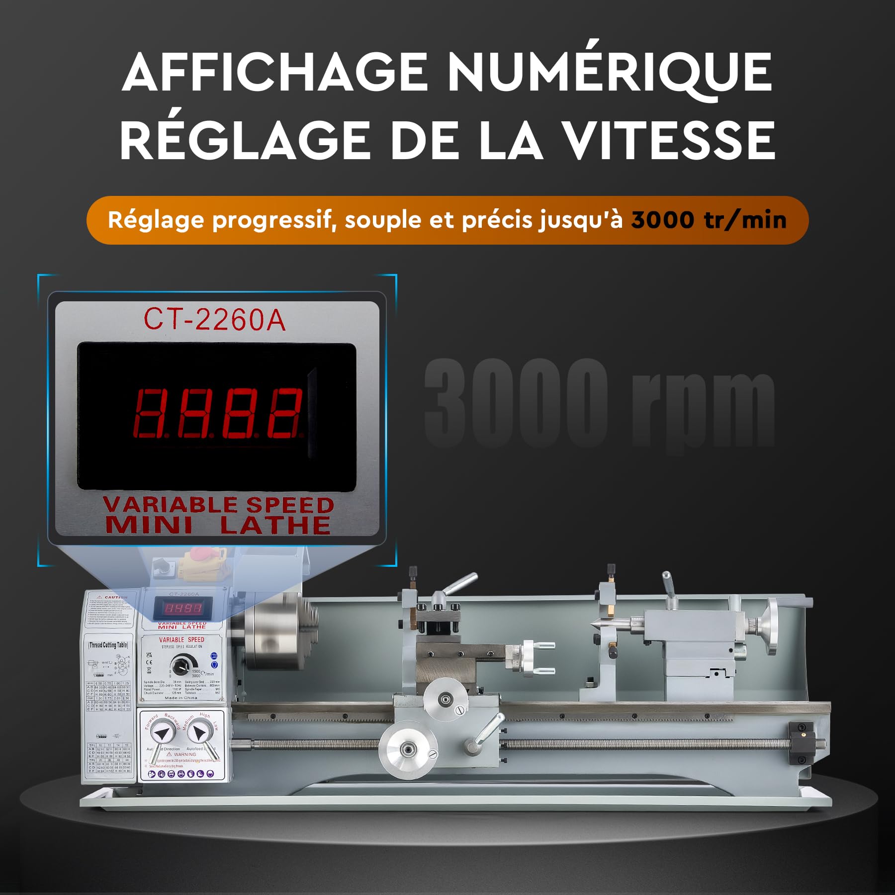 CREWORKS 1100W Mini Tour à Métaux d'Établie 220x600mm 9"x24" Haute Précision avec Mandrin à 3 Mâchoires et Vitesse de Broche Max. 3000 tr/min Écran LCD pour Filetage Tournage Perçage