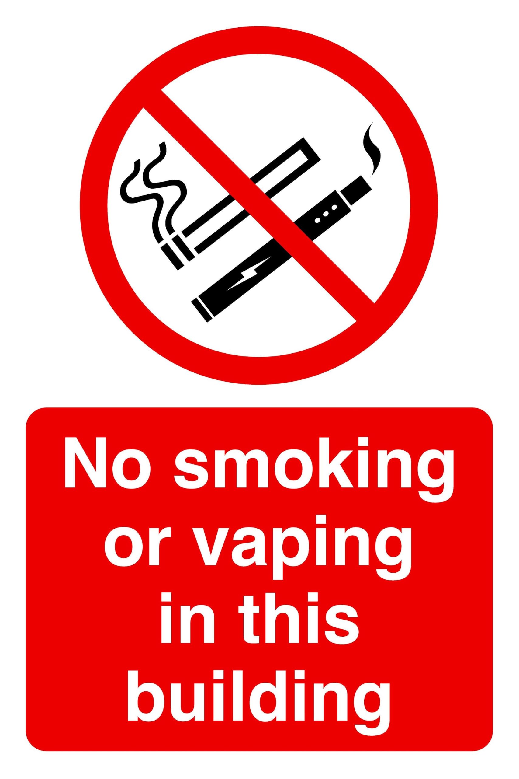 No smoking or vaping in this building safety sign- High tack self-adhesive sticker (300mm x 200mm) Viewing Distance within 7m.