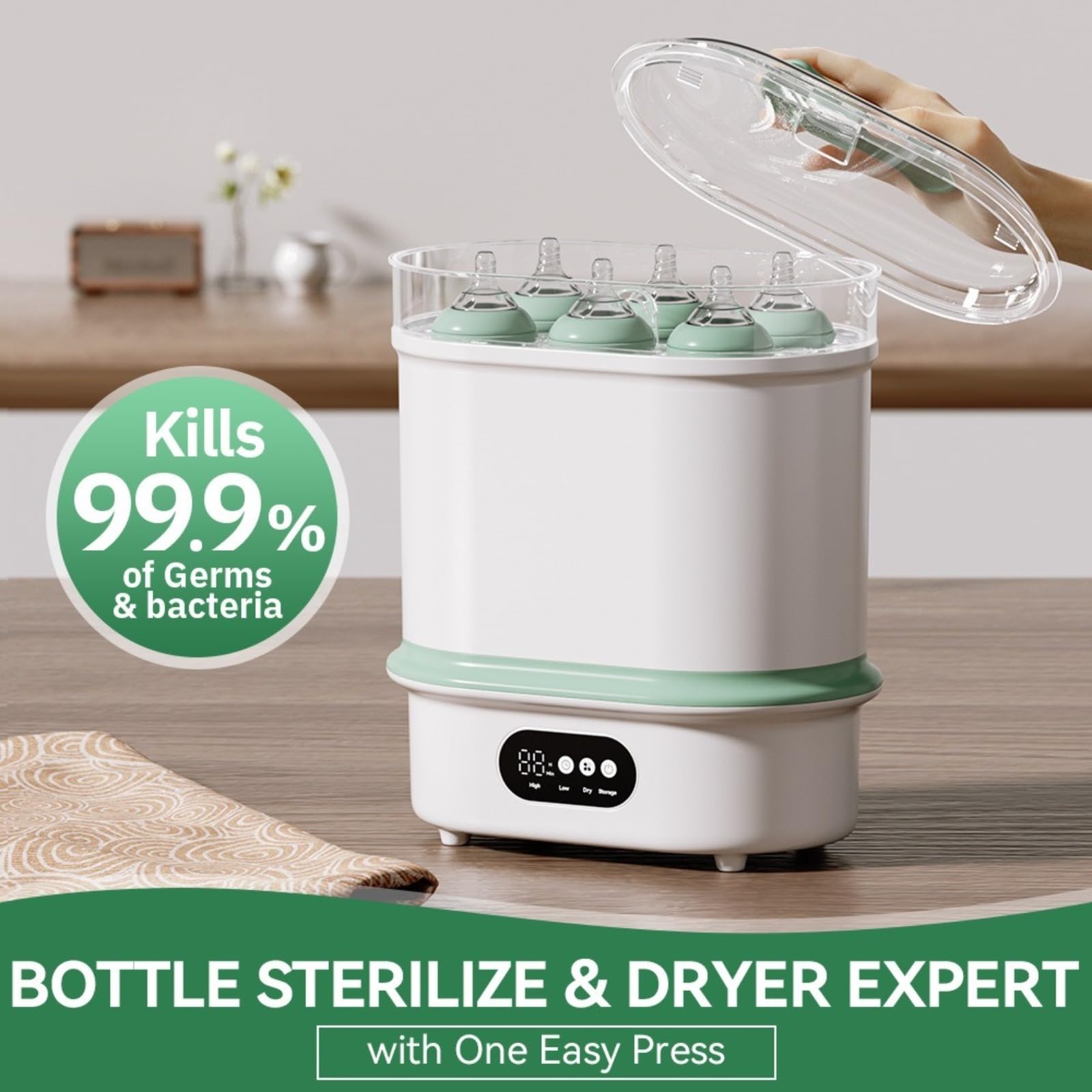 Esterilizador y secador de biberones todo en uno, esterilizador a vapor de gran capacidad para 6 biberones, calentador de comida para bebés y calentador de biberones.