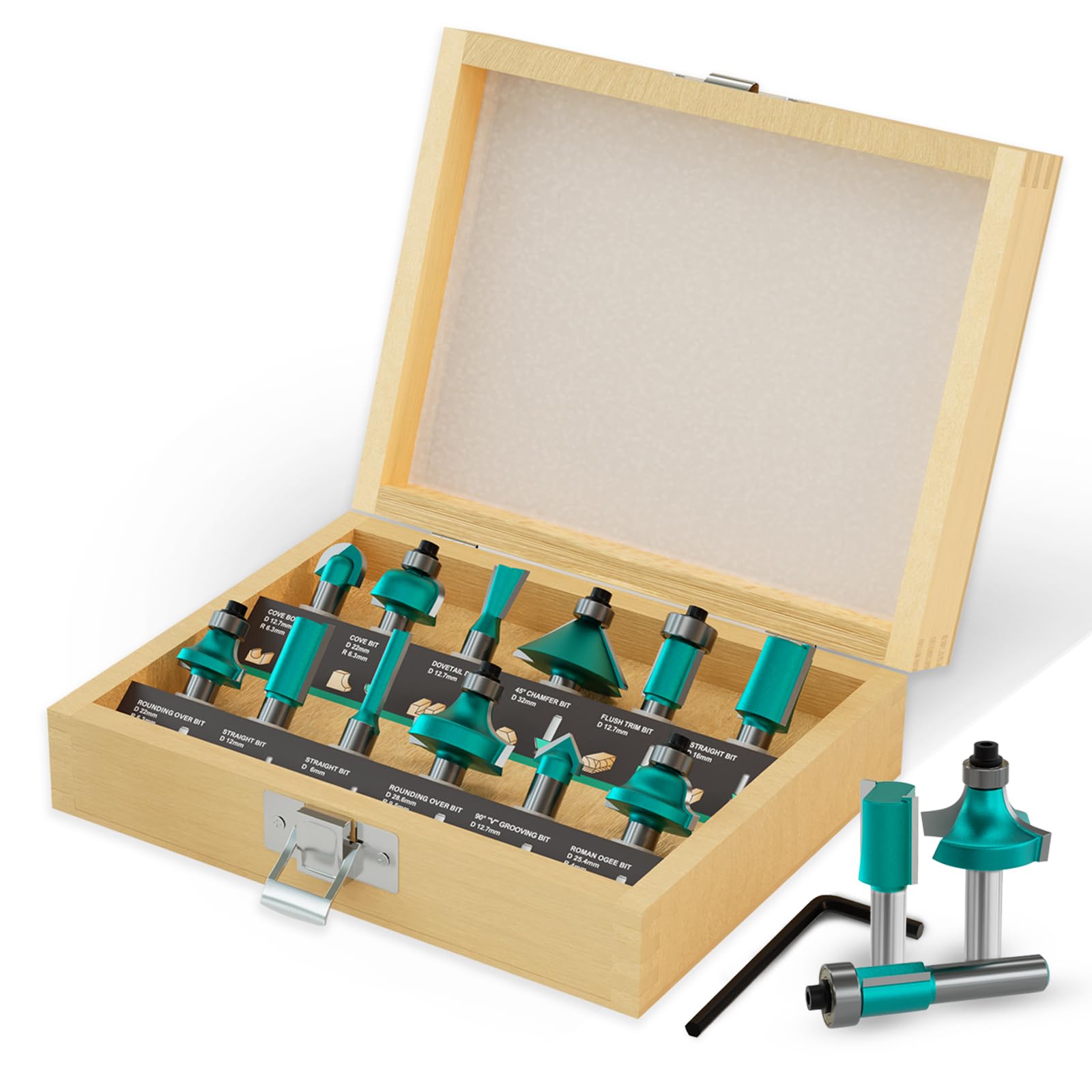 Meichoon 15 stuks routerbits, 1/4 inch schacht, houtbewerkingssnijset, snijmes, freesmachine, machineset voor houtcarbide, molen, houtbewerking, gravure, freesgereedschap