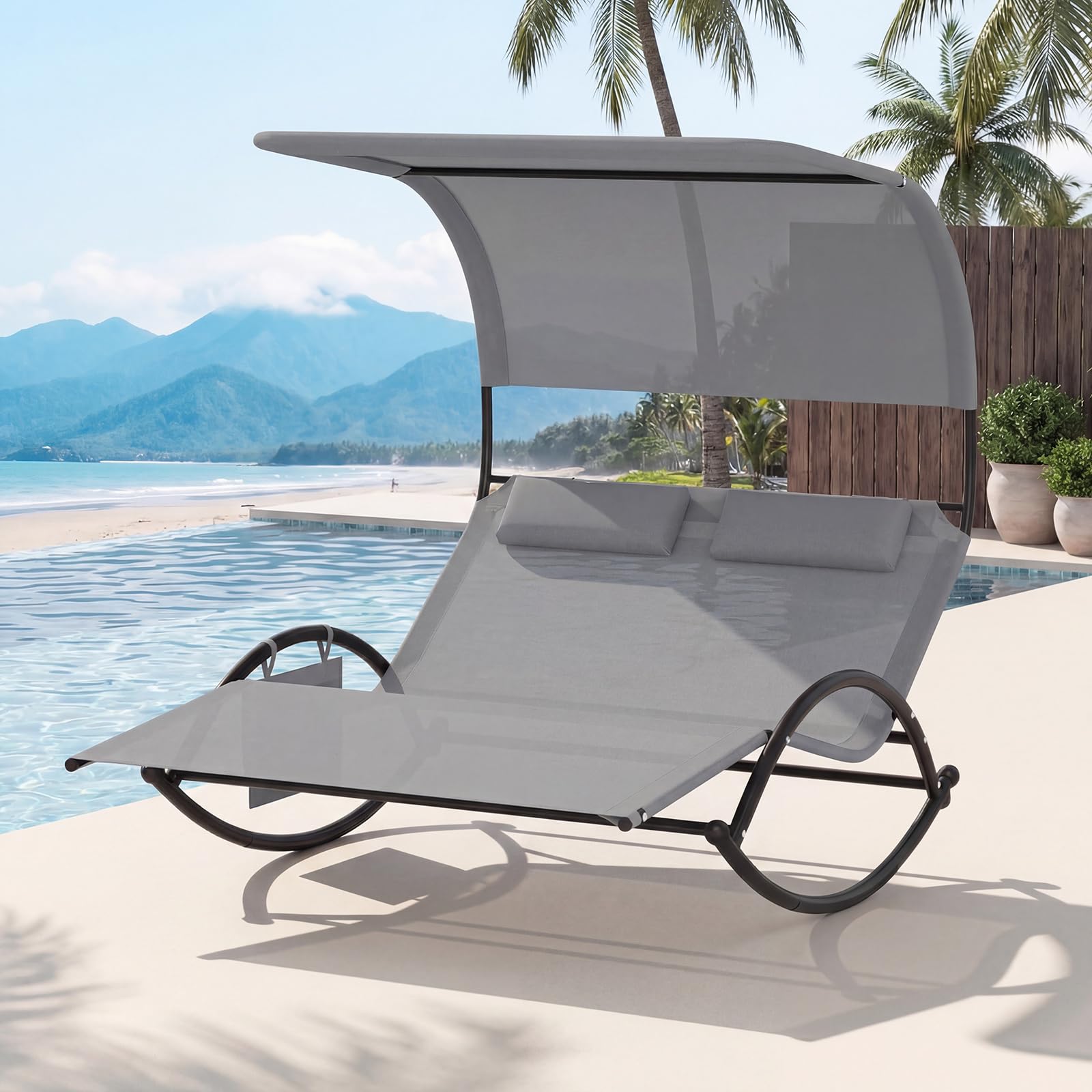 GIANTEX Chaise Longue de Jardin à Bascule pour 2 Personne, Poche Latérale, Transat Double à Bascule, Charge 300 kg, Auvent Pare-Soleil, 2 Oreillers Amovibles, Cadre en Métal, pour Jardin, Balcon, Gris