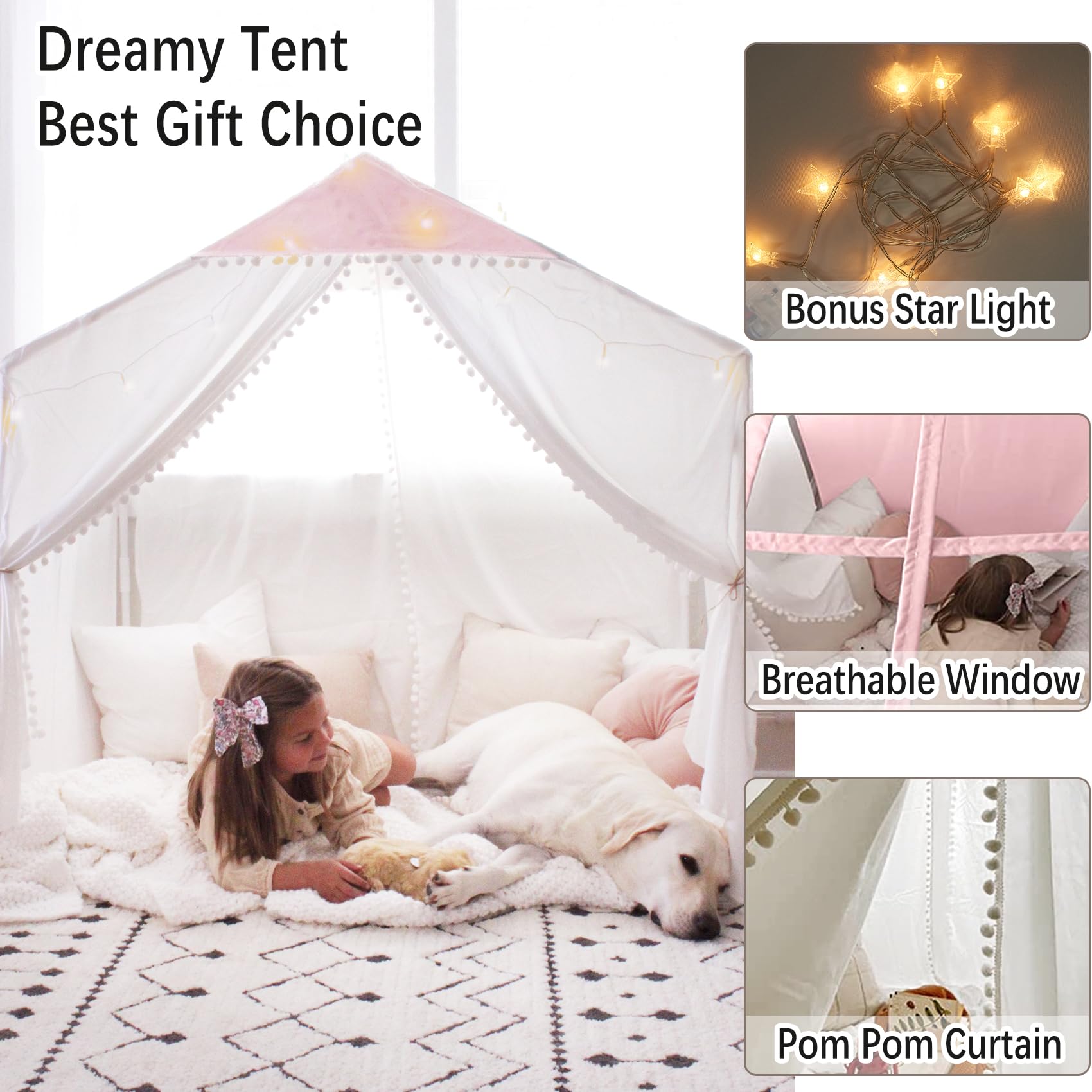 Large Kids Tent with Pompom, Kids Playhouse Indoor & Outdoor with Star Lights, Tent for Kids Reading Nook, Play Tent for Kids Girls Boys, Boho Toddler Tent Machine Washable, 35x52x52 in, Pink
