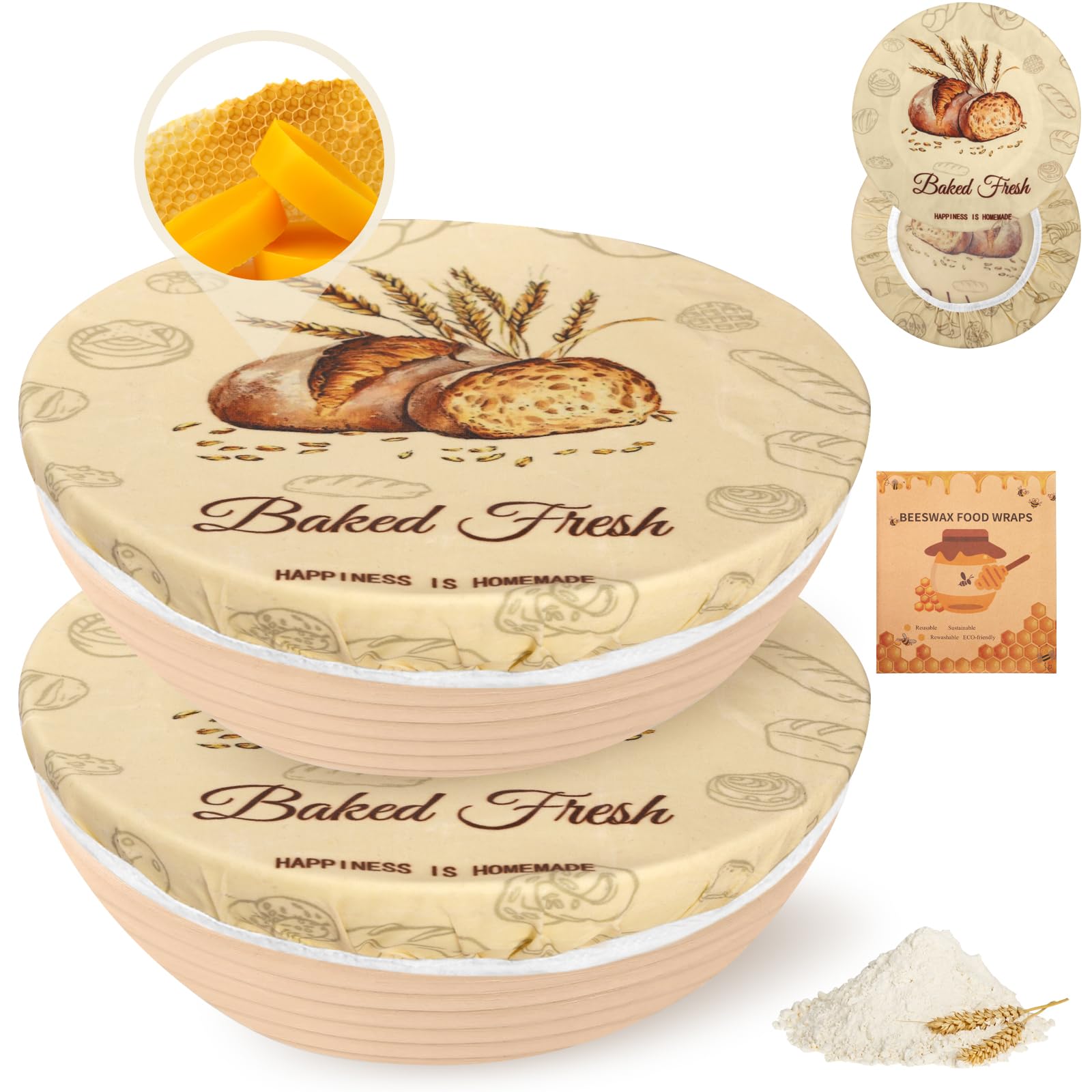 Reusable Beeswax Bowl Covers (2 Large), Elastic Cotton Cloth Sourdough Bread Cover, 10 inch Reusable Bowl Caps for Bread Proofing Baskets and Large Mixing Containers
