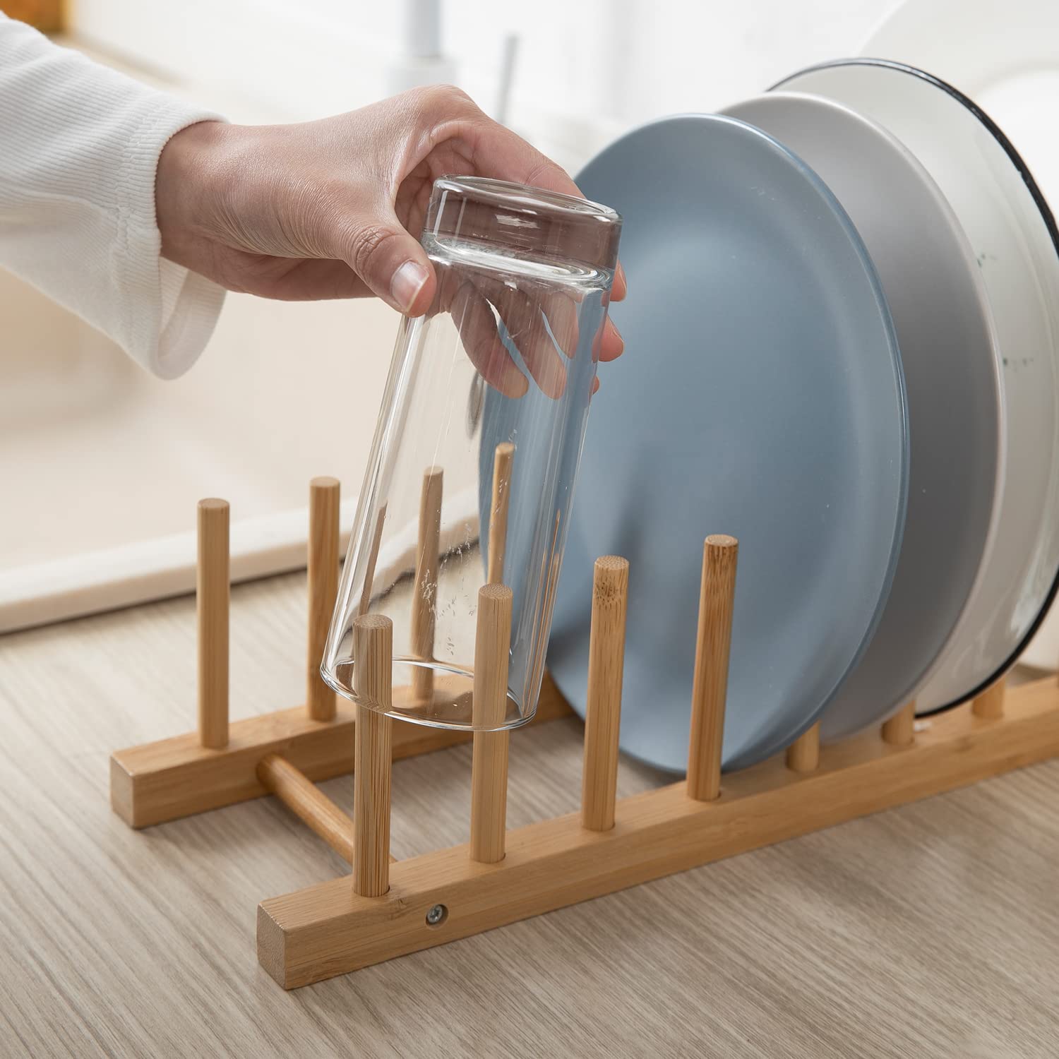 HOKIPO Bamboo Wooden Plate Stand Rack for Kitchen Cabinets Dish Stand Dinner Plate Holder, 8 Slots, 36x12x2 cm (AR-4771) — Amazon image 2