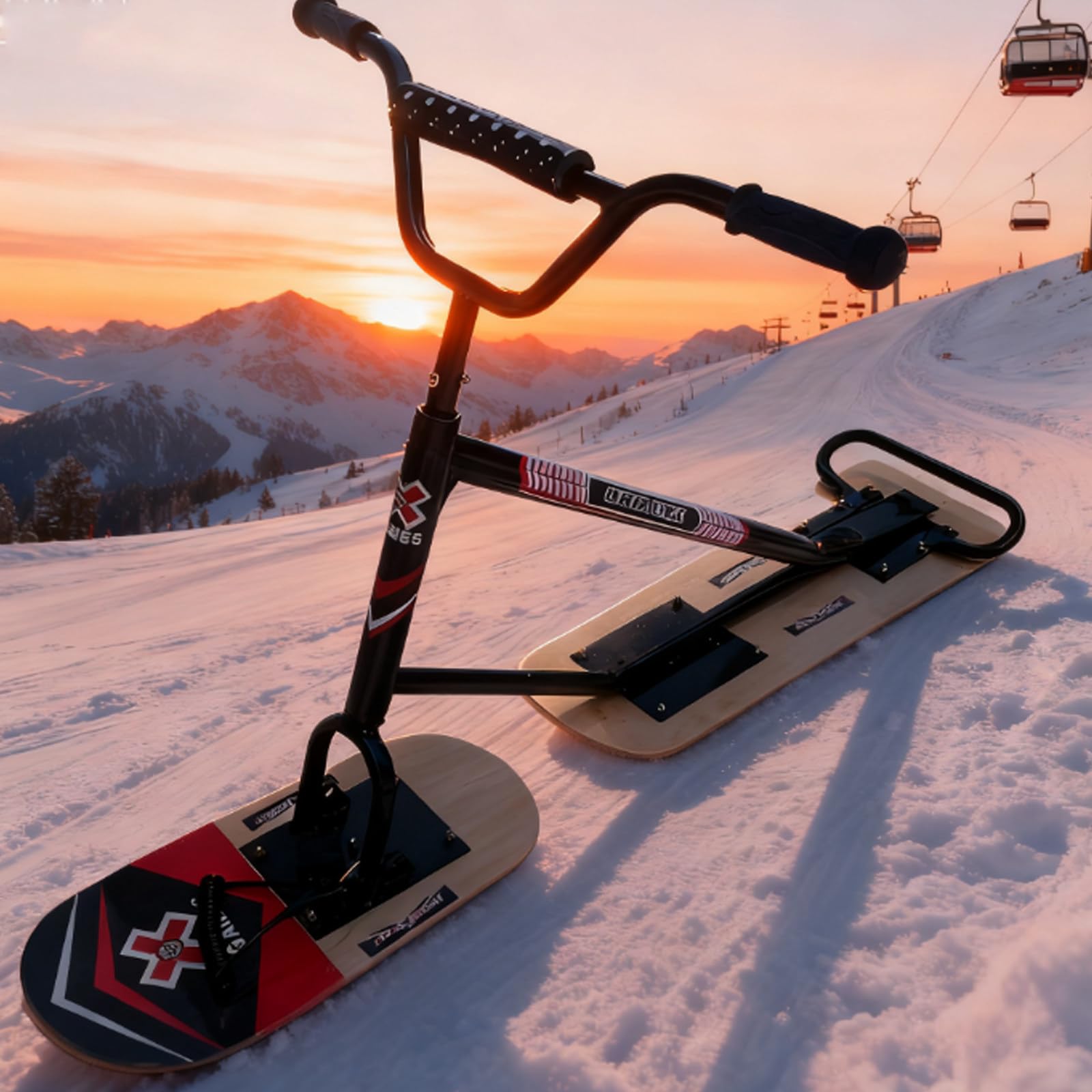 Monopattino da neve per adulti con sterzo agile a 360°, stabilità a doppia lama e capacità di carico di 150 kg, per sport all'aperto sulla neve