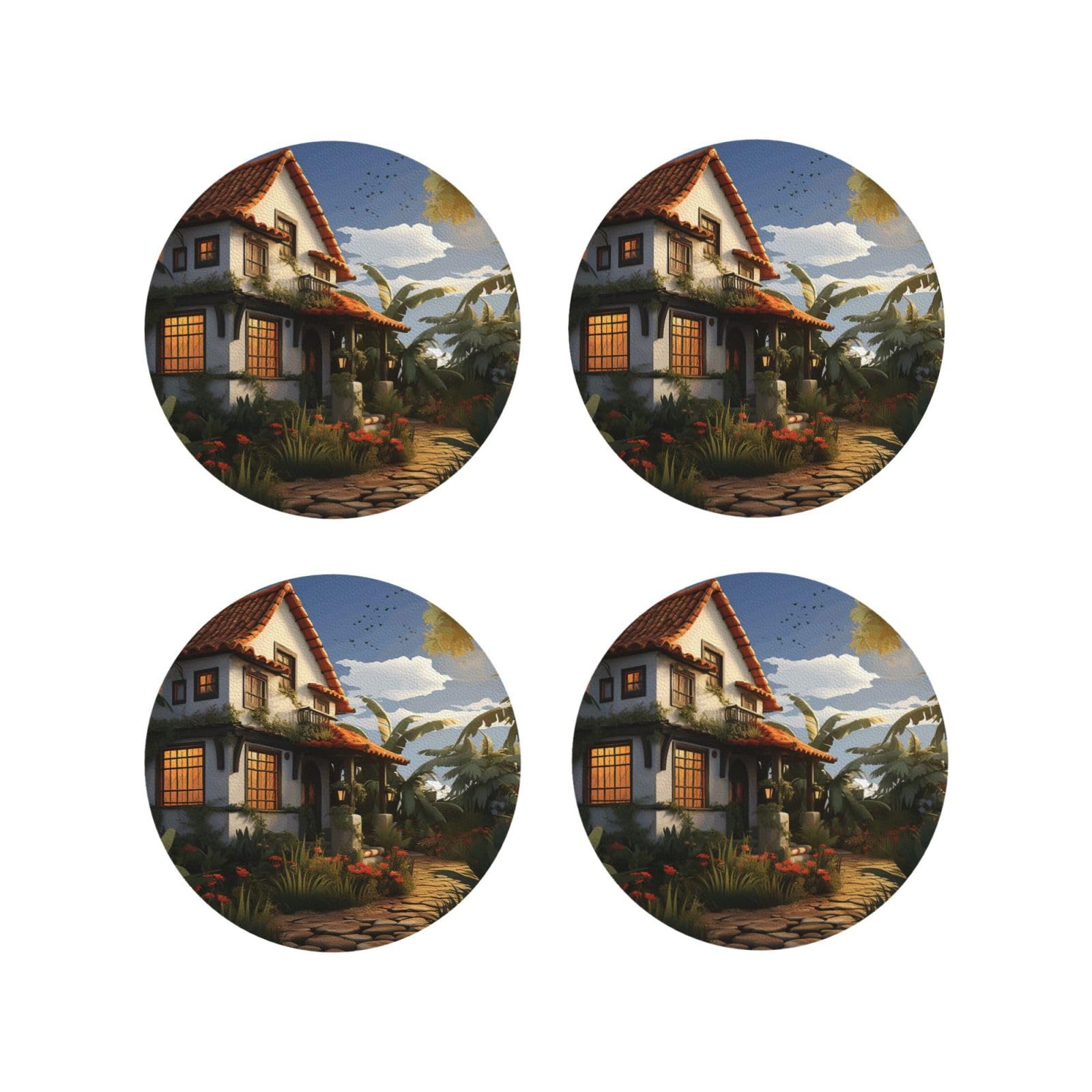 4pcs Drink Coasters for Tabletop Protection, 4" Leather Coasters for Drinks, Farmhouse Cup Coasters for Coffee Table Decor, Non-Slip Drinking Cup Mat for Hot Or Cold Drink