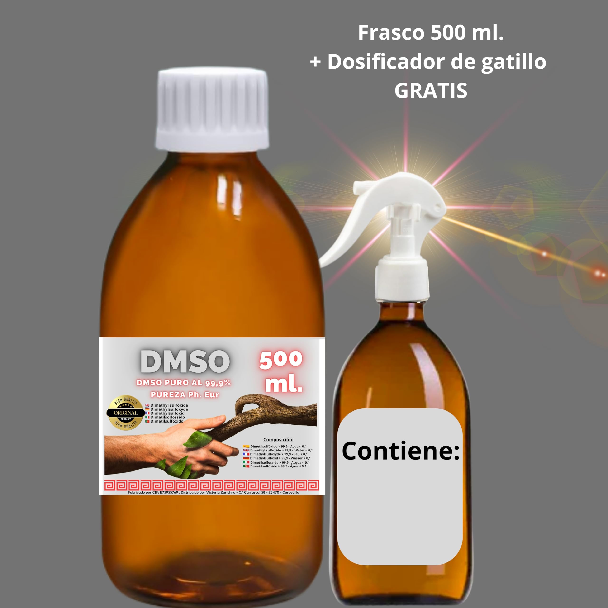 DMSO 500 ml. 99,9% Pureza Con Gotero | Dimetilsulfóxido Calidad Ph Eur | Regalo Frasco125ml + Difusor + Vasito Dosificador | Frascos Ámbar de Laboratorio | Precinto de Seguridad