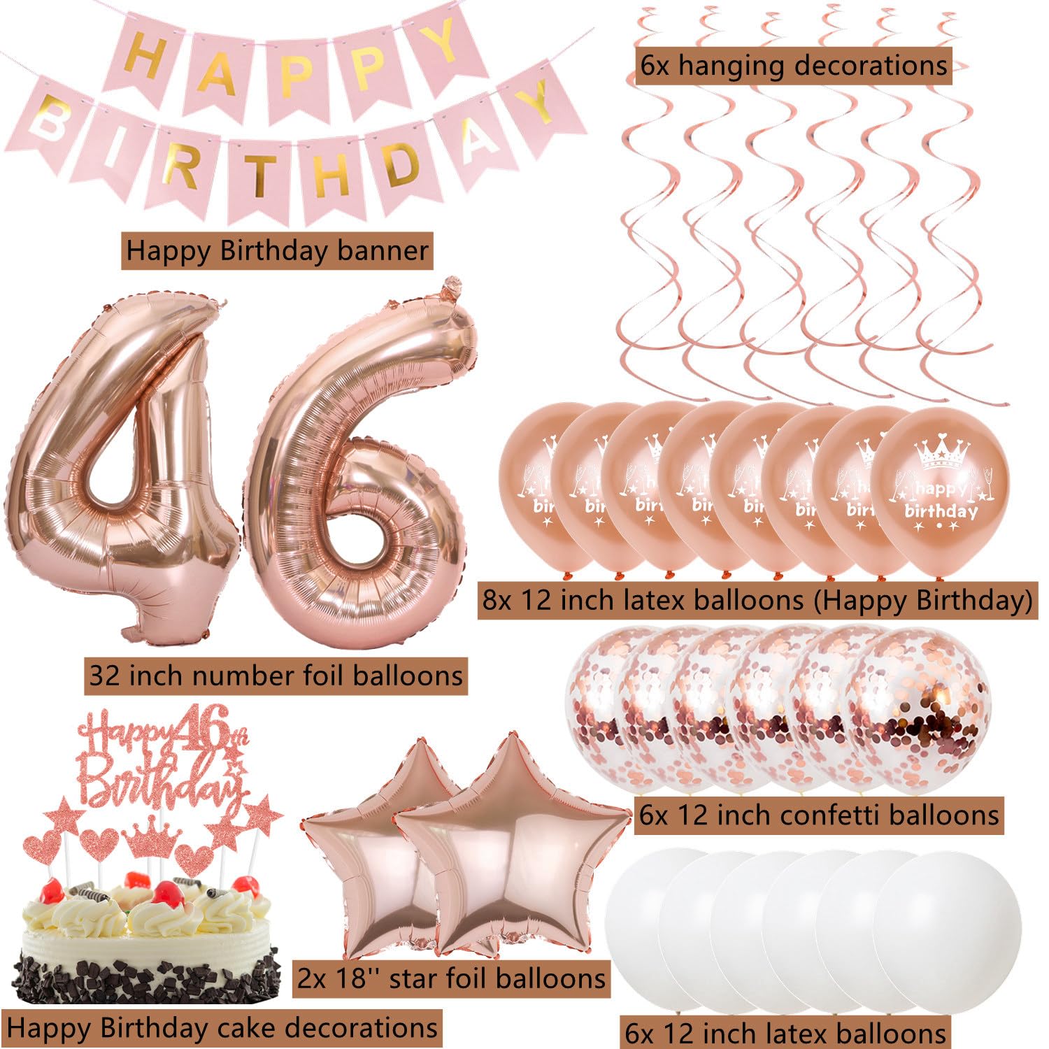 Ensemble Décoration 46e Anniversaire Or Rose Femme, Décoration Anniversaire 46 Ans Ensemble Or Rose, Ballons Décoration Anniversaire 46 Ans Femme, Décoration Anniversaire Femme 46 Ans Décoration